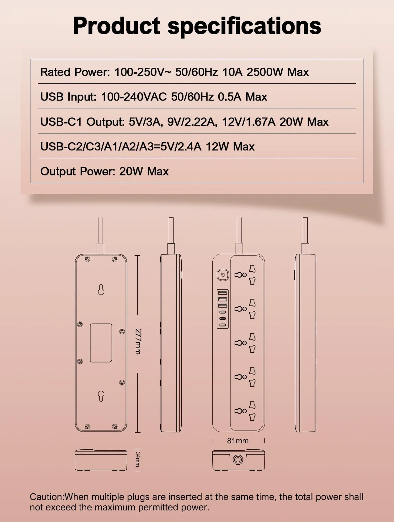 MANTO Listwa zasilająca 5 gniazd 6 portów USB EU US UK CN JP przełącznik ochrona przepięciem