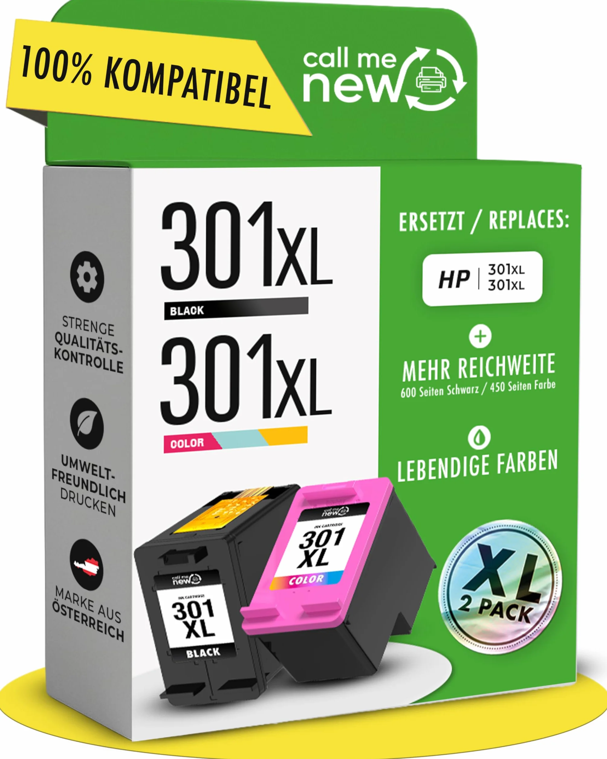 301XL wkłady do drukarki – kompatybilne z HP 301 / HP 301 XL czarne i kolorowe – zasięg XL, inteligentny chip, zamiennik do DeskJet 2540, Envy 4500, OfficeJet, 2 sztuki w opakowaniu