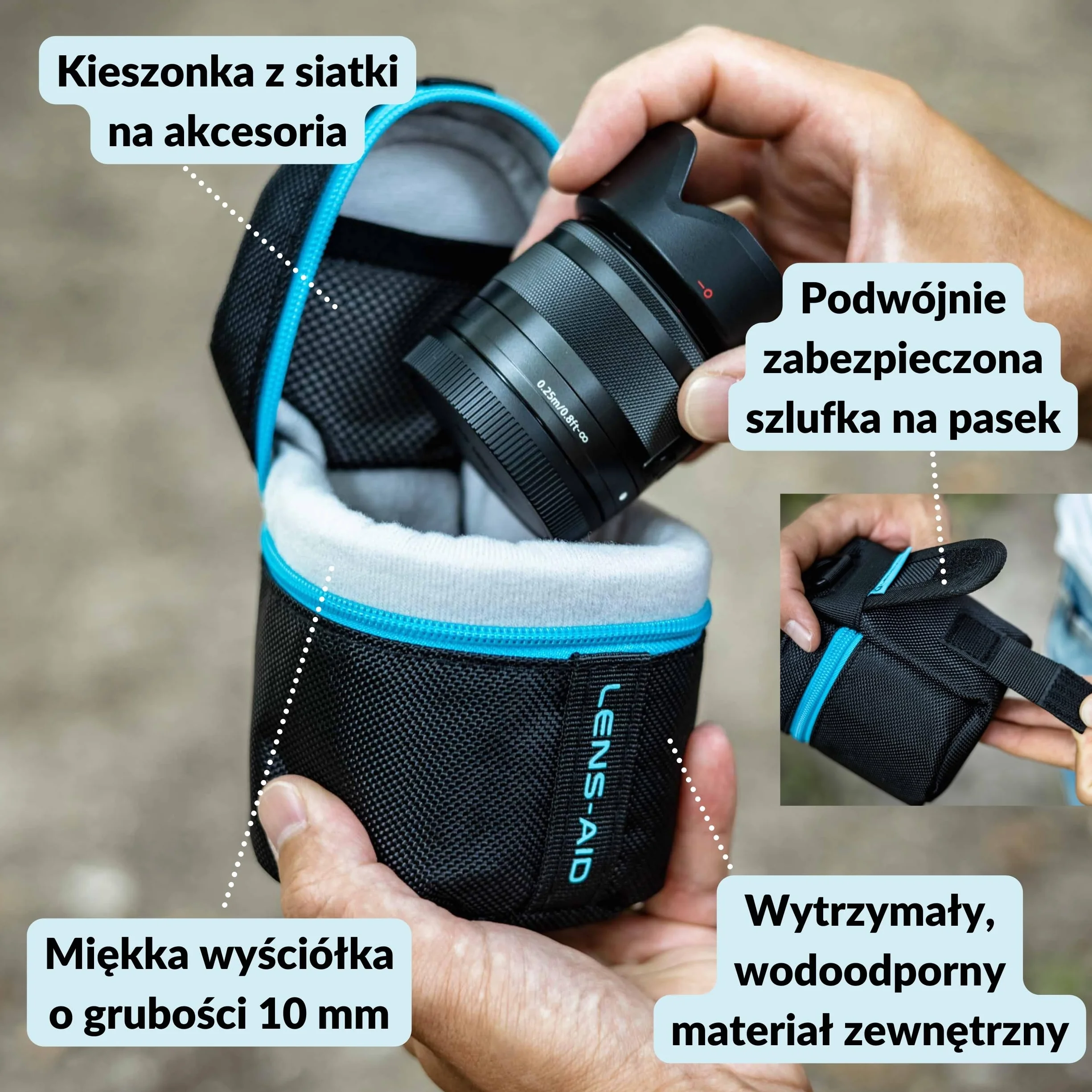 LENS-AID Torba na obiektyw grubo wyściełana: etui ochronne na obiektyw z zamkiem błyskawicznym i klamrą paska, czarny, XXL (12 x 35 cm), Dodatkowa torba