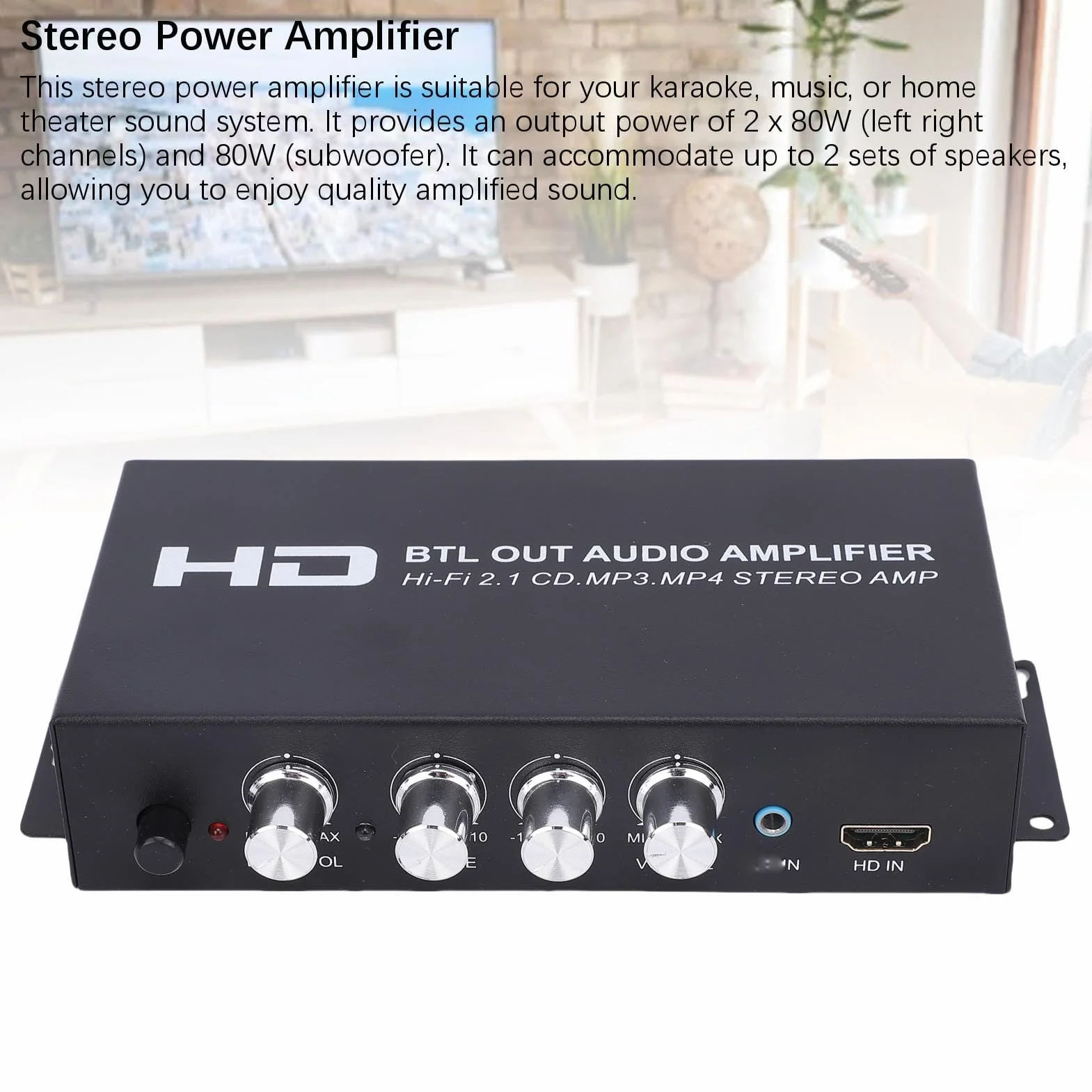 Annadue Stereofoniczny Wzmacniacz Mocy, 2.1-kanałowy 240 W Bluetooth 5.0 HiFi Audio, Wejście HDMI AUX, Regulacja Tonów Niskich, Subwoofer do Głośników Kina Domowego, Przenośny Stop (wtyczka UE)