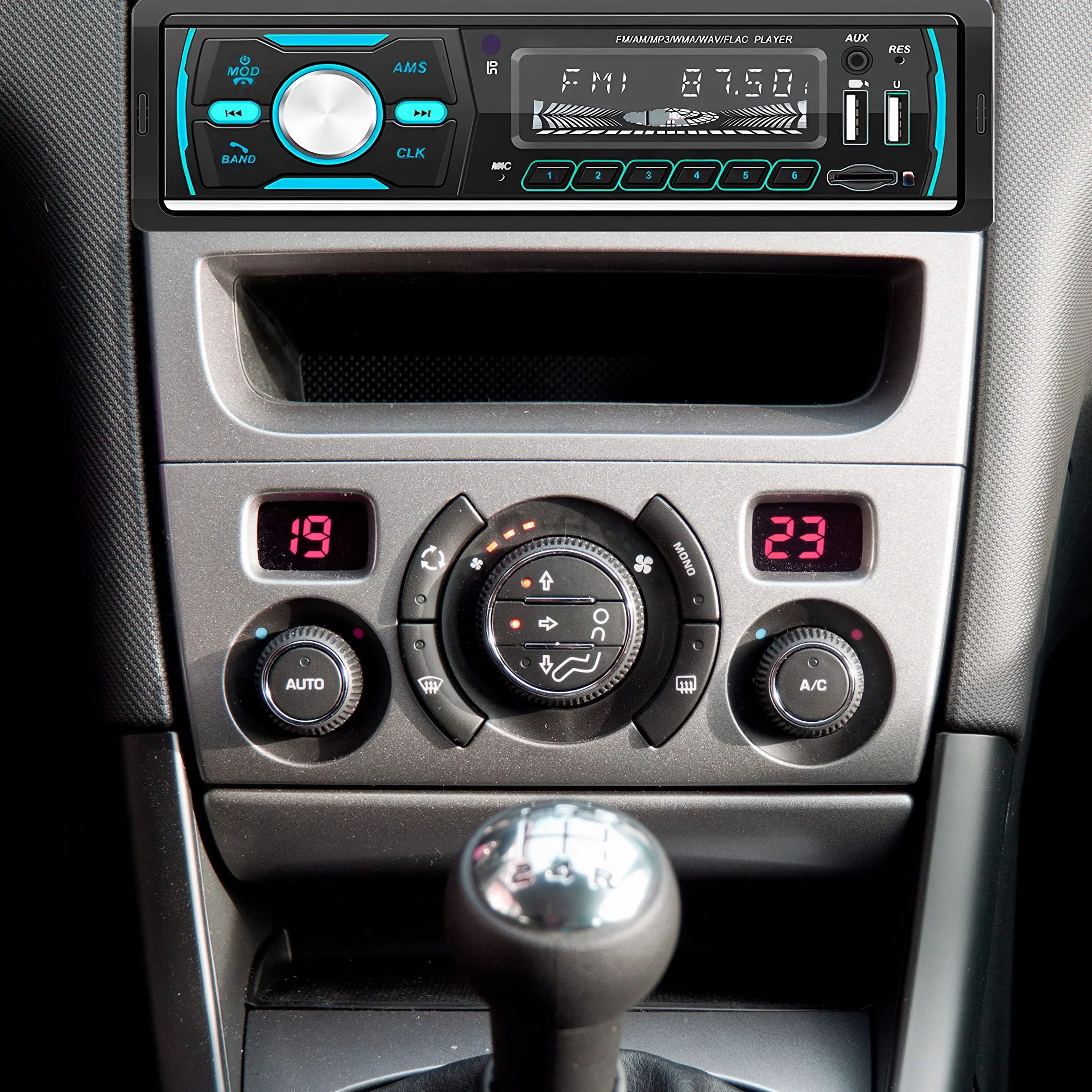 Retoo Radio samochodowe z zestawem głośnomówiącym Bluetooth i pilotem zdalnego sterowania, 1 odtwarzacz MP3 DIN z 2 USB do odtwarzania muzyki i ładowania, kolory RGB, tuner radiowy FM i antena z MP3
