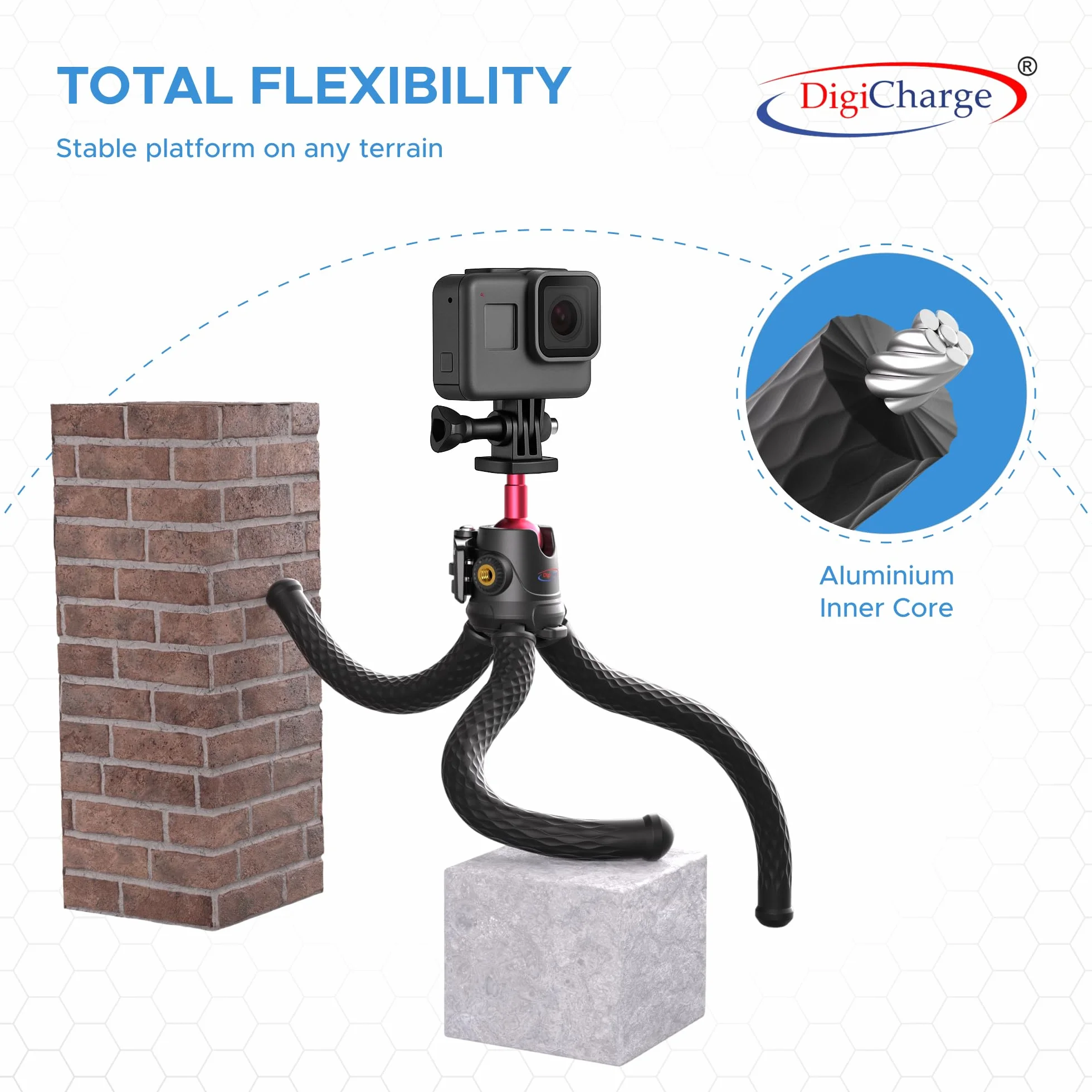 Digicharge Elastyczny statyw do telefonu/kamery sportowej/kamery kompatybilny ze smartfonem/Gopro Hero / Insta360 / aparatami cyfrowymi i DSLR Gorilla Tri Pod Mount Stand