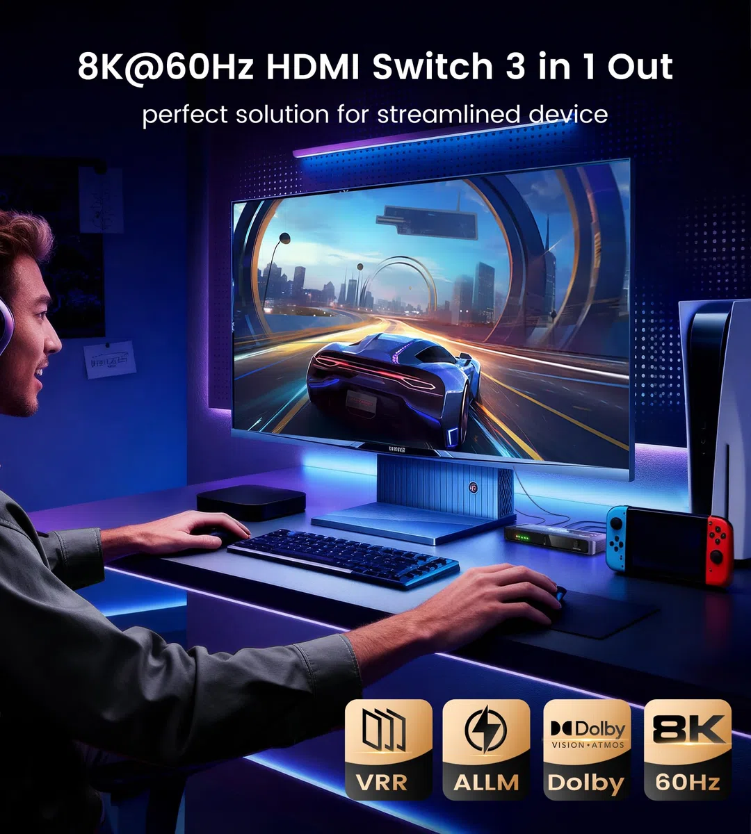 NEWCARE 8K HDMI Switch 3 wejścia 1 wyjście, 4K@120Hz aluminiowy przełącznik HDMI 3 wejścia 1 wyjście z pilotem, 3 porty HDMI Switcher Obsługuje 8K@60Hz 48Gbps HDR10+ VRR