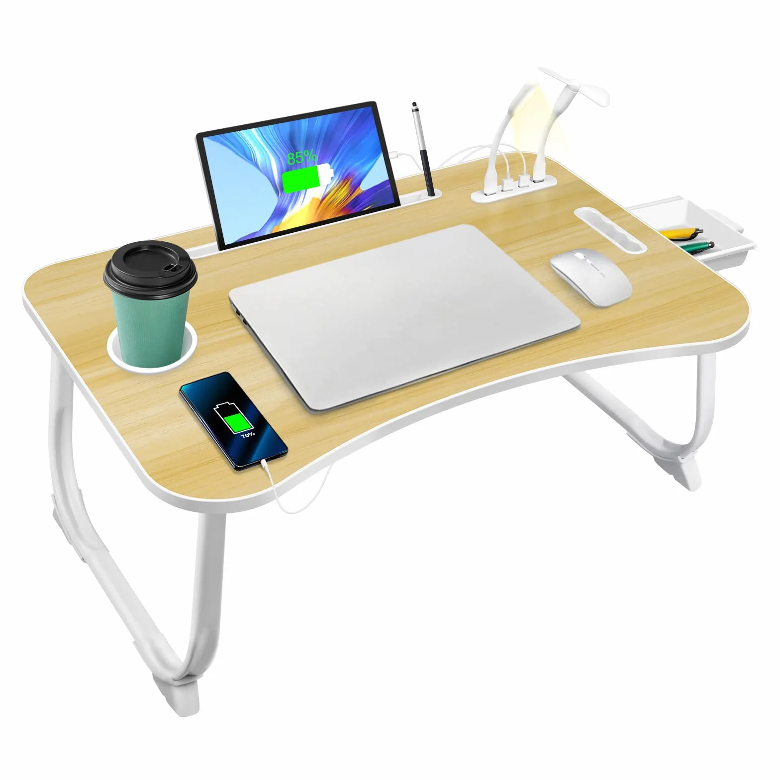 Stolik Pod Laptopa, Składany Stolik z 4 Portami USB do ładowania, Szufladą, Podstawka pod Tablet, Miejscem na Kubek, Uchwytem do Przenoszenia, do łóżka, Sofy, Podłogę (60x40cm, Kolor Drewna)