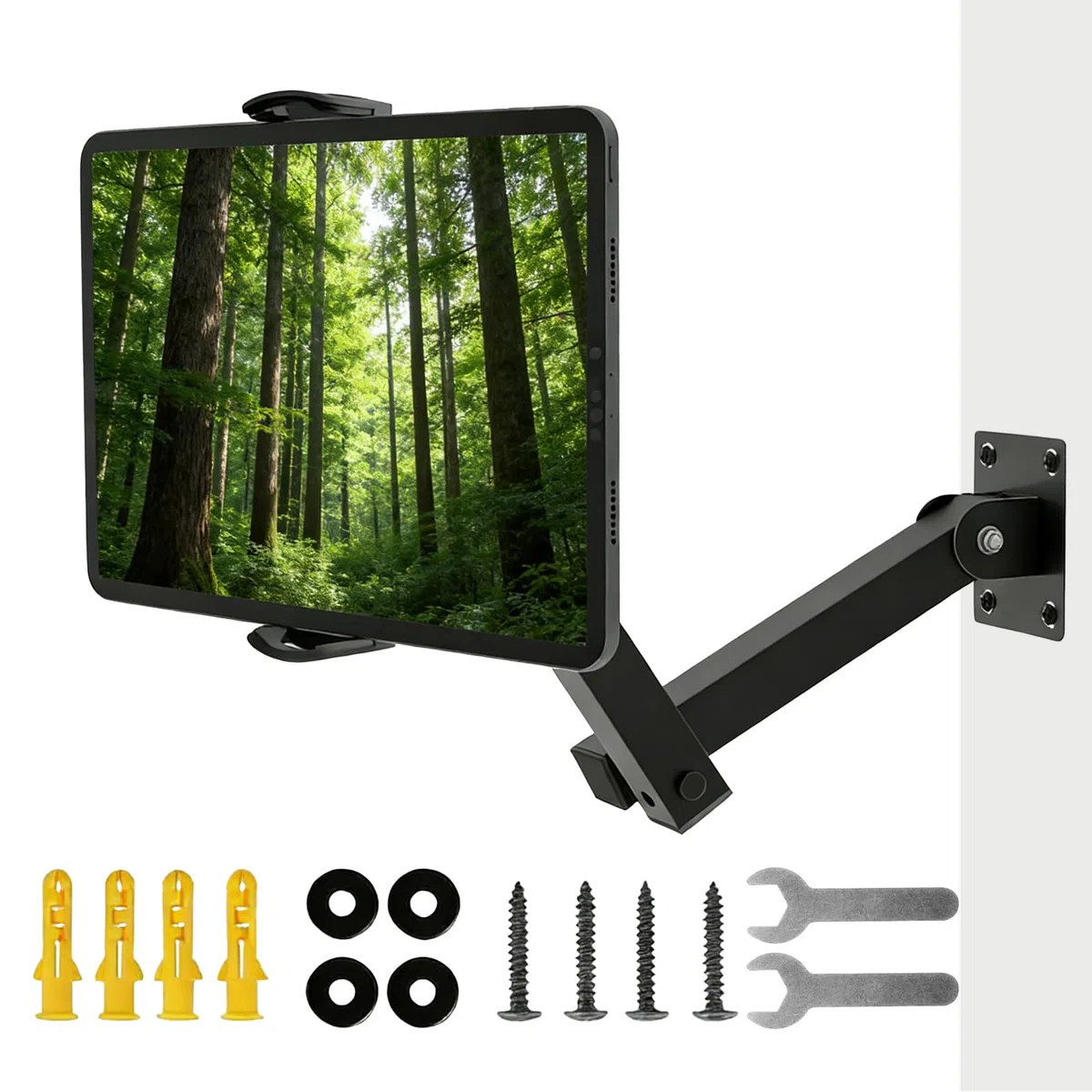 Uchwyt ścienny na tablet, aluminiowy wysuwany uchwyt ścienny, regulacja wysokości, składany, obracany o 360 stopni, składany, do kuchni, biura, salonu, łazienki lub sypialni, do urządzeń 4-13"