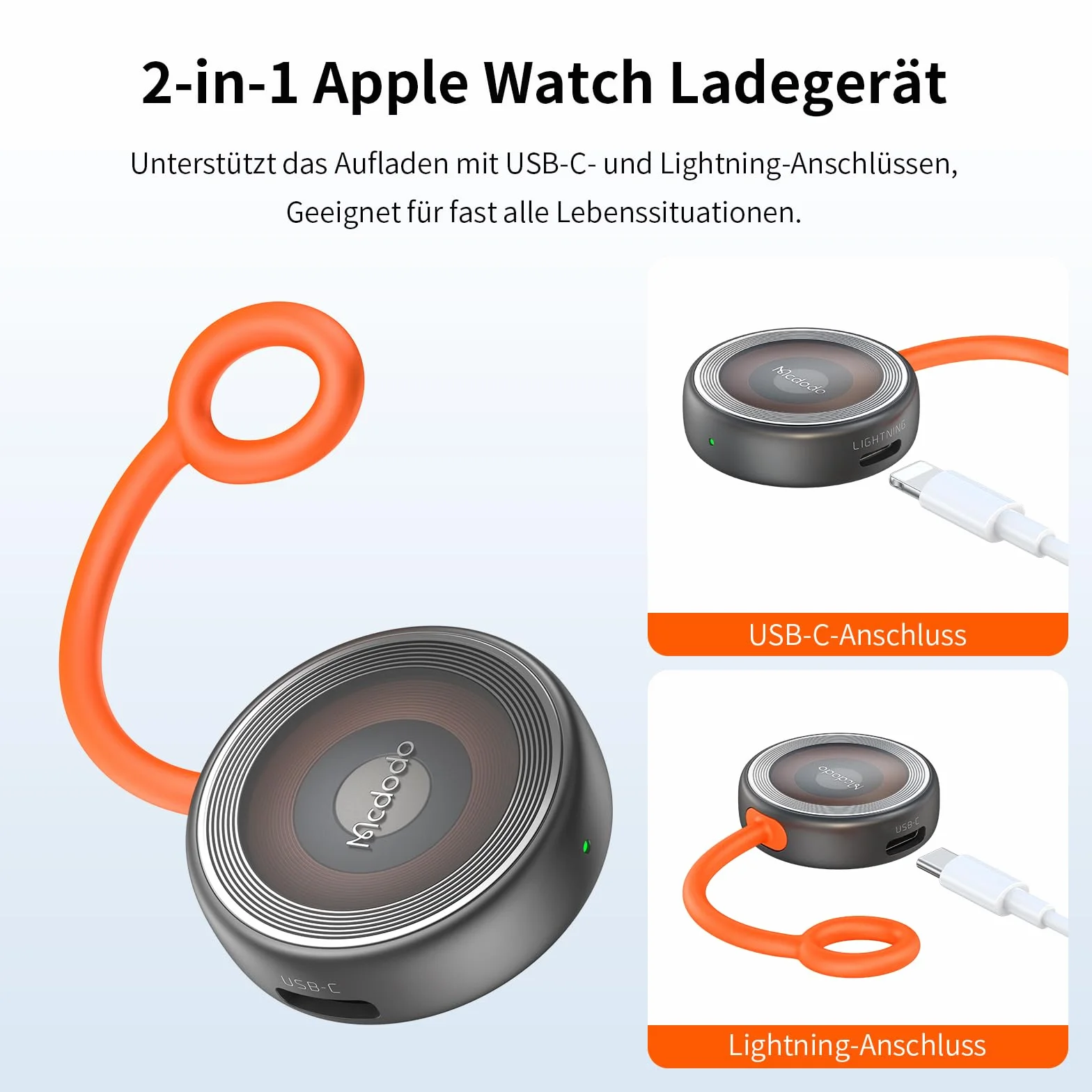 Mcdodo Apple Watch Magnetyczna Ładowarka z 2 Portami USB-C i Lightning do Series 10 9 8 7 6 5 4 3 2 SE Ultra
