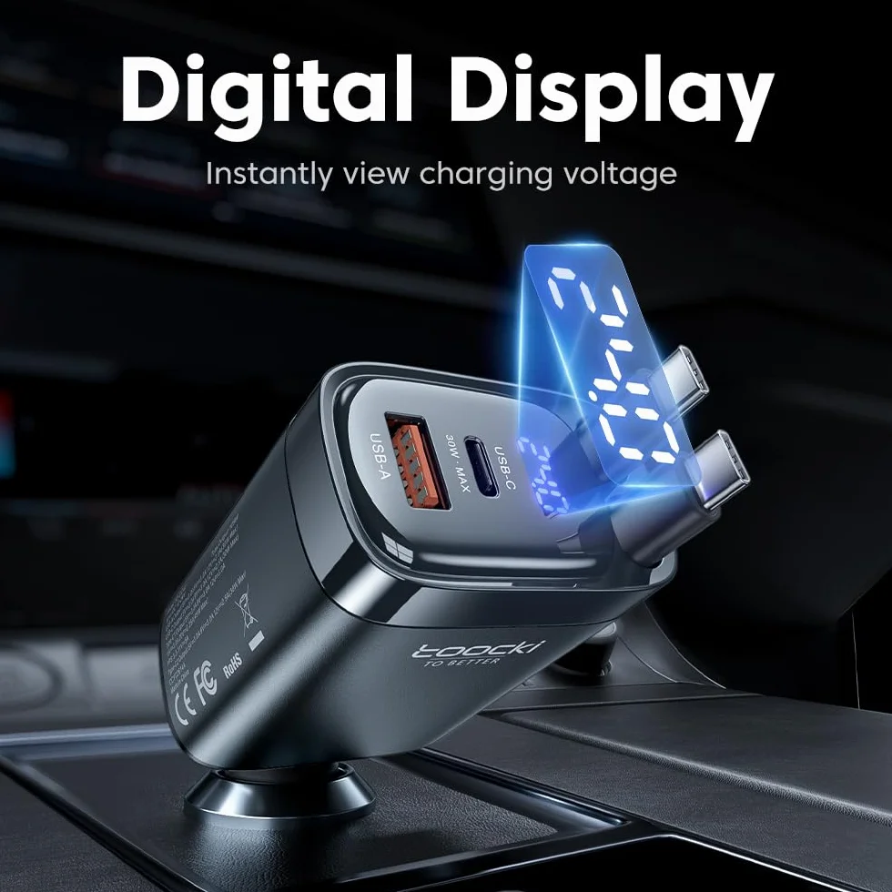 toocki Ładowarka samochodowa USB C 4 w 1 105 W szybka ładowarka z wysuwanym kablem typu C 24/12 V