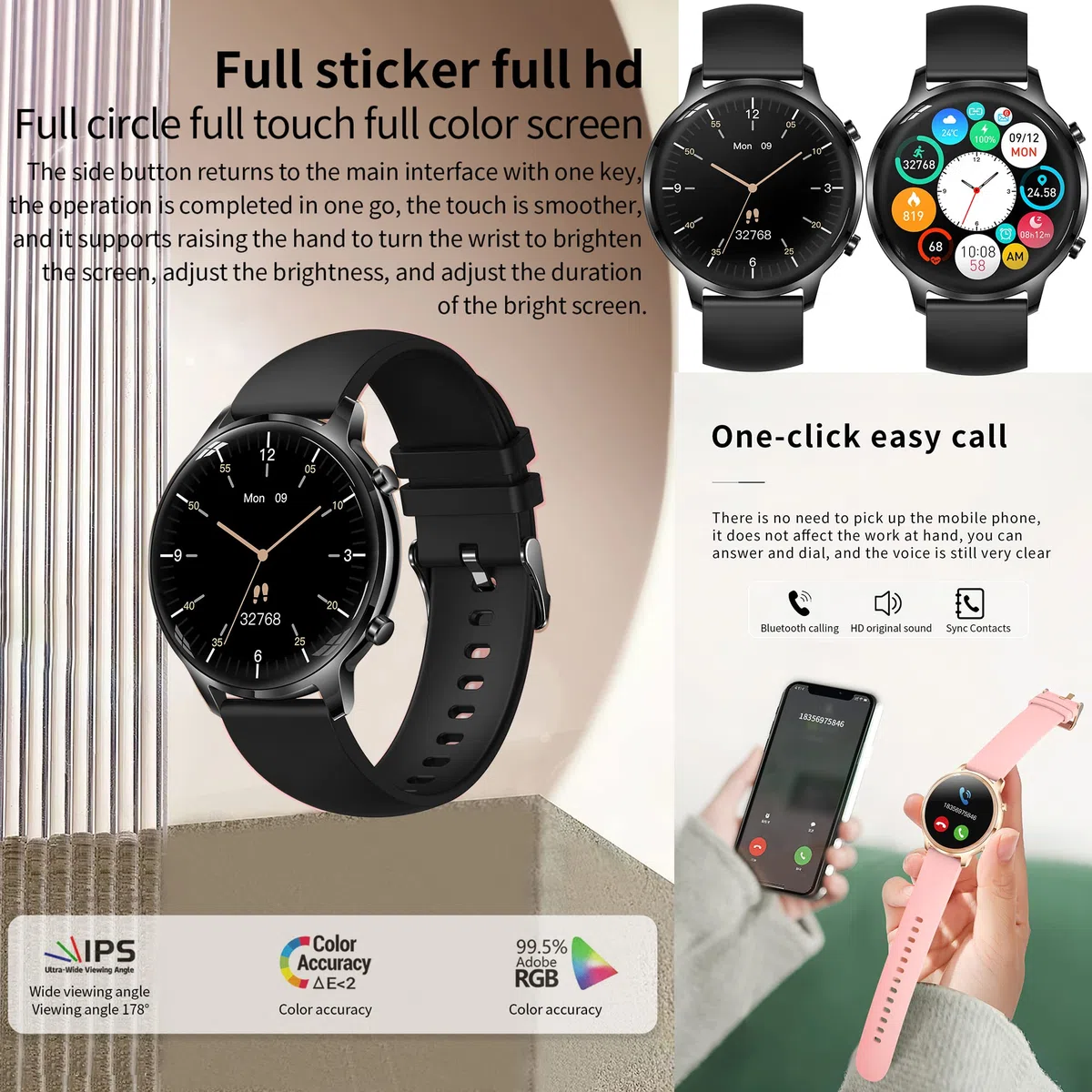 Smartwatch męski z funkcją telefonu, 2022 1,32" HD, ekran dotykowy, Bluetooth, IP67 Fitness Tracker SpO2, pulsometr, monitor snu, kalorie, Android iOS (czarny)