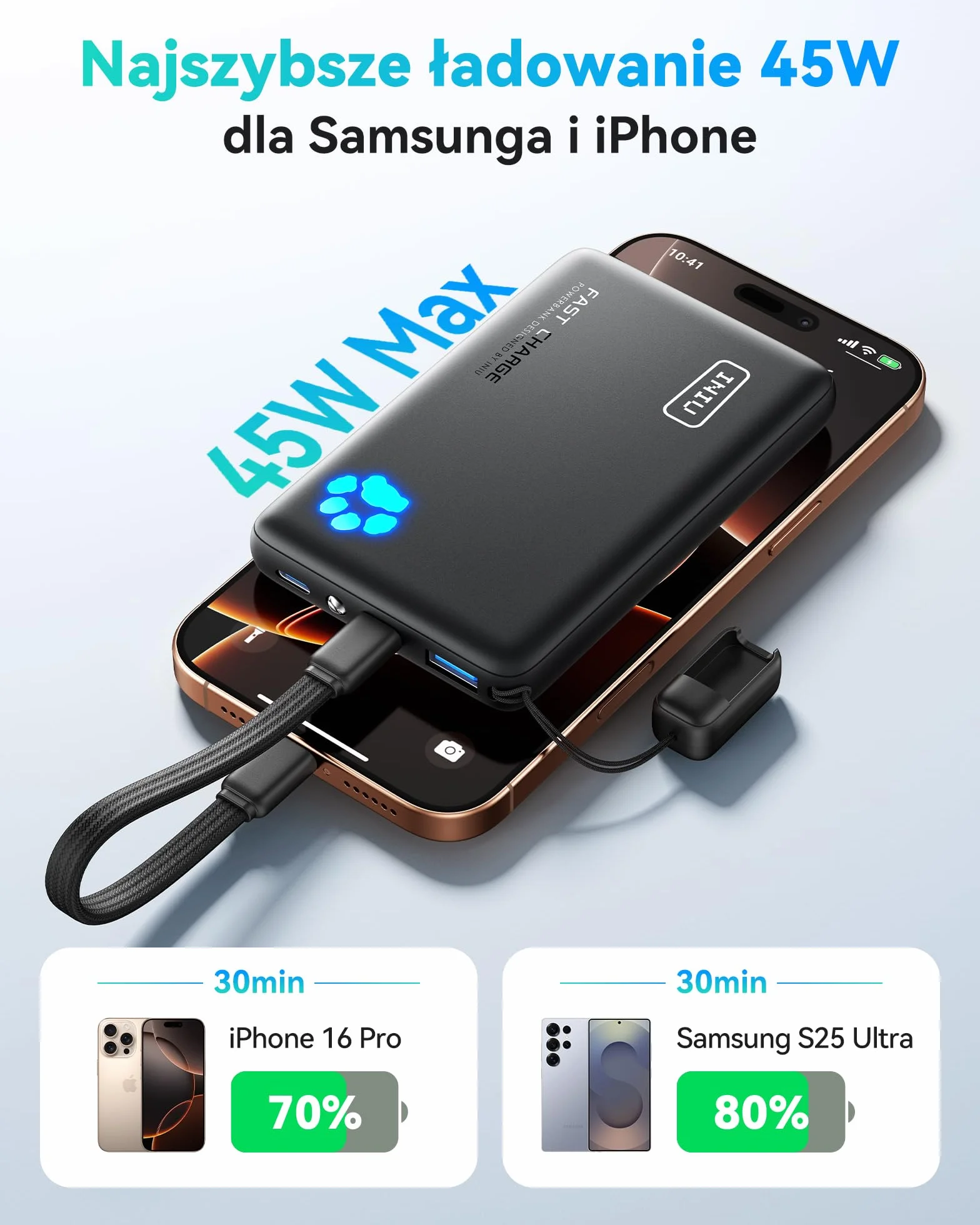 INIU Power Bank, powerbank 45 W, 10 000 mAh, najlżejszy i mały, ale mocny (USB C In& Out), PD3.0 zewnętrzne akumulatory do telefonów komórkowych z lampą błyskową, kompatybilne z iPhone 17 16 15 Pro