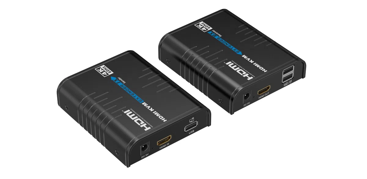 PremiumCord Przedłużacz KVM 4K HDMI z USB 2.0, do 120 m Przez Sieć Lan, Przez Ip, Cat5/5e/6, UHD 4K 2160p 60Hz, Full HD 1080p, 4:4:4, HDMI 2.0, HDCP 2.2, Solidna Obudowa Aluminiowa