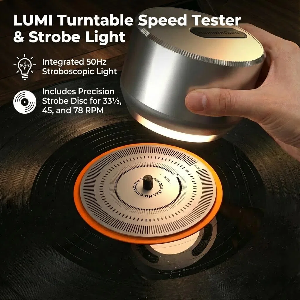 HumminGuru LUMI Stabilizator Ciężaru Płyty i Tester Prędkości Gramofonu Dysk Stroboskopowy i Światło 33/45/78 RPM | LP 300 g Aluminiowy Zacisk Ciężarków Lampa Oświetlenia Ambientowego 9 LED Kolorów