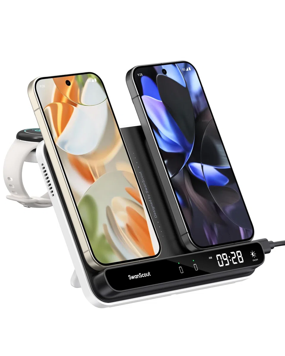 SwanScout Dual Charging Station for Pixel Watch 3/2/Fitbit Versa 4/3/Sense 2 (Not for Watch 1), Wireless Charger With Buds Pro 2 and Other Device Support, Model 710G2