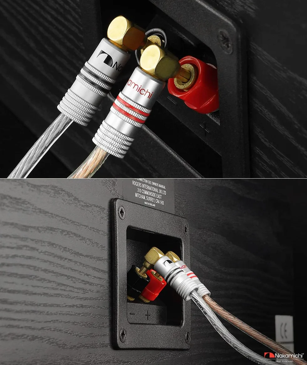 Nakamichi Excel Series 24K pozłacany wtyk bananowy 12 AWG - 18 AWG Rozmiar miernika 4 mm do głośników Wzmacniacz Hi-Fi Odbiornik AV Stereo Kino domowe Złącze Audio (4, Wtyki bananowe kątowe)
