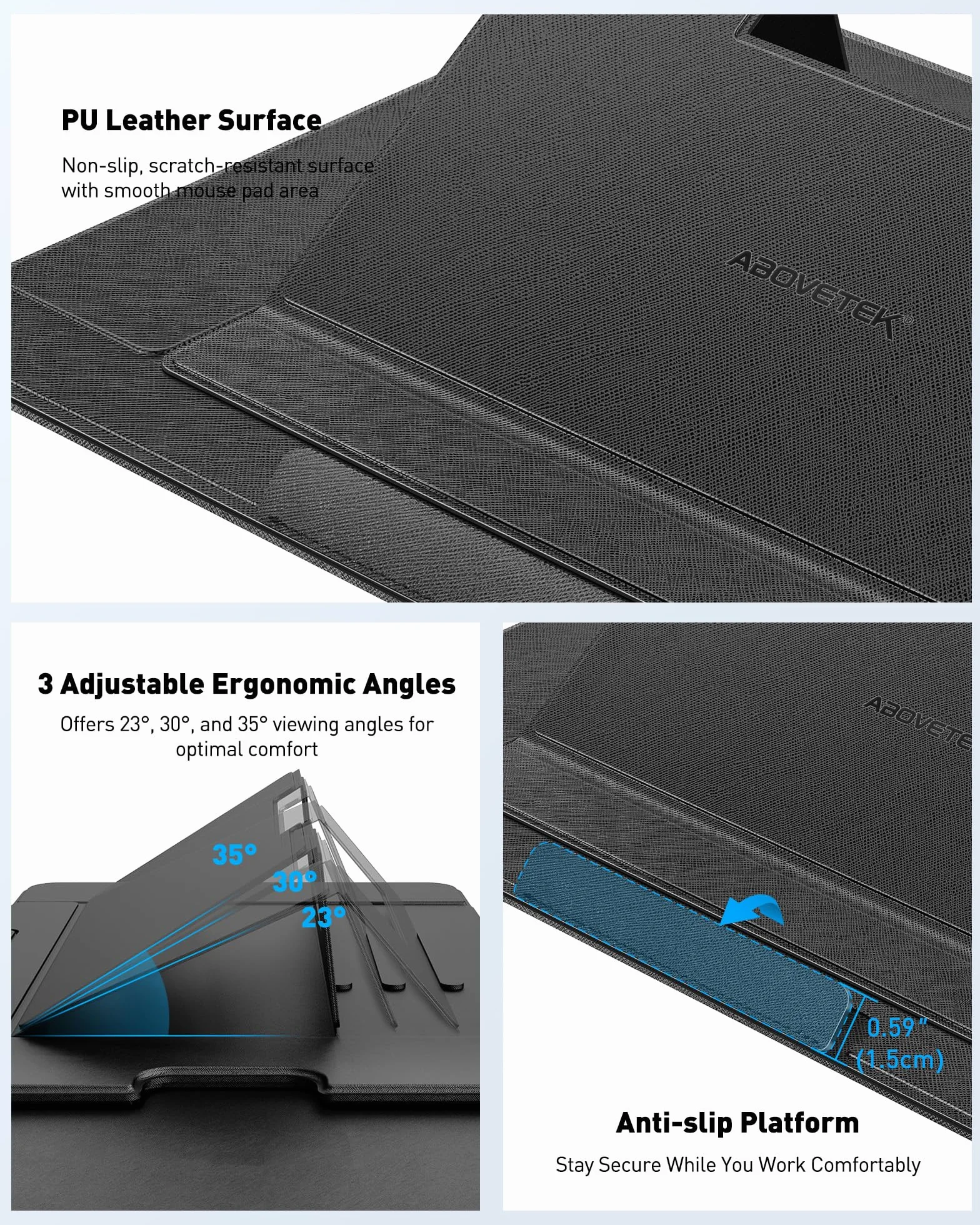 AboveTEK Przenośna taca na laptopa z wysuwaną prawą podkładką pod mysz, 3 ergonomiczne kąty, skóra PU antypoślizgowa osłona termiczna, biurko na kolana do laptopa do łóżka, sofy, podróży, pasuje do