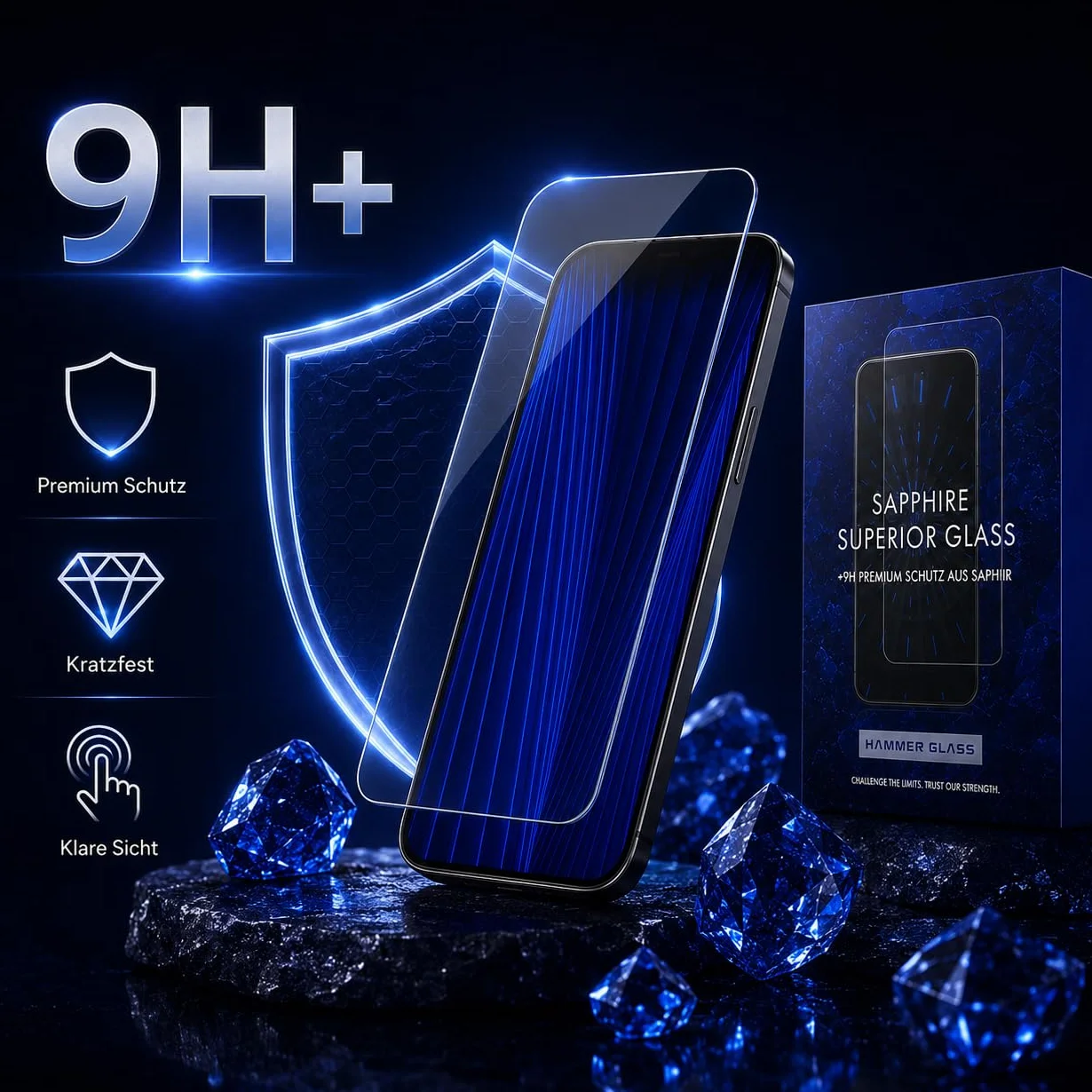 Hammer Glass 100% szafirowe szkło młotkowe do iPhone 16e, szkło pancerne, twardość ponad 9H 9H + szkło ochronne na wyświetlacz z szafiru 6,1", łatwe narzędzie instalacyjne, ultra przezroczyste i