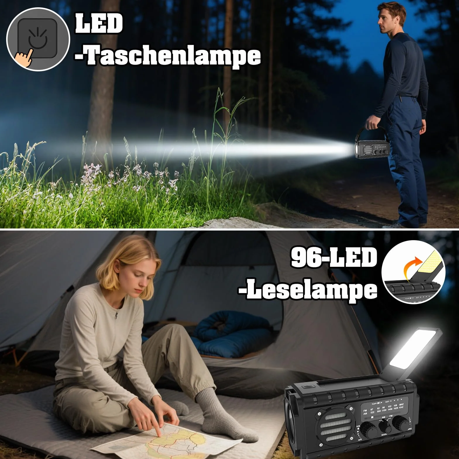 Nigecue Radio Solarne 20000mAh Przenośne z Korbą Dynamo AM/FM Wbudowana Bateria 3 Tryby LED Latarki Lampa Czytania Czujnik Ruchu
