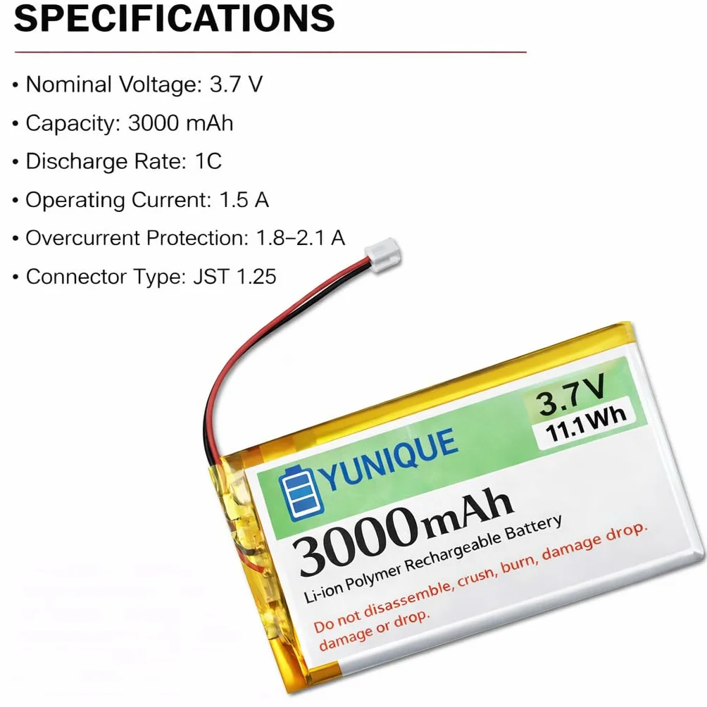YUNIQUE GREEN-CLEAN-POWER 2 baterie LiPo 3,7 V 3000 mAh 1S 103665 z mikro JST 1.25 - akumulator z ochroną dla Arduino, ESP32, NodeMCU i kart rozwojowych