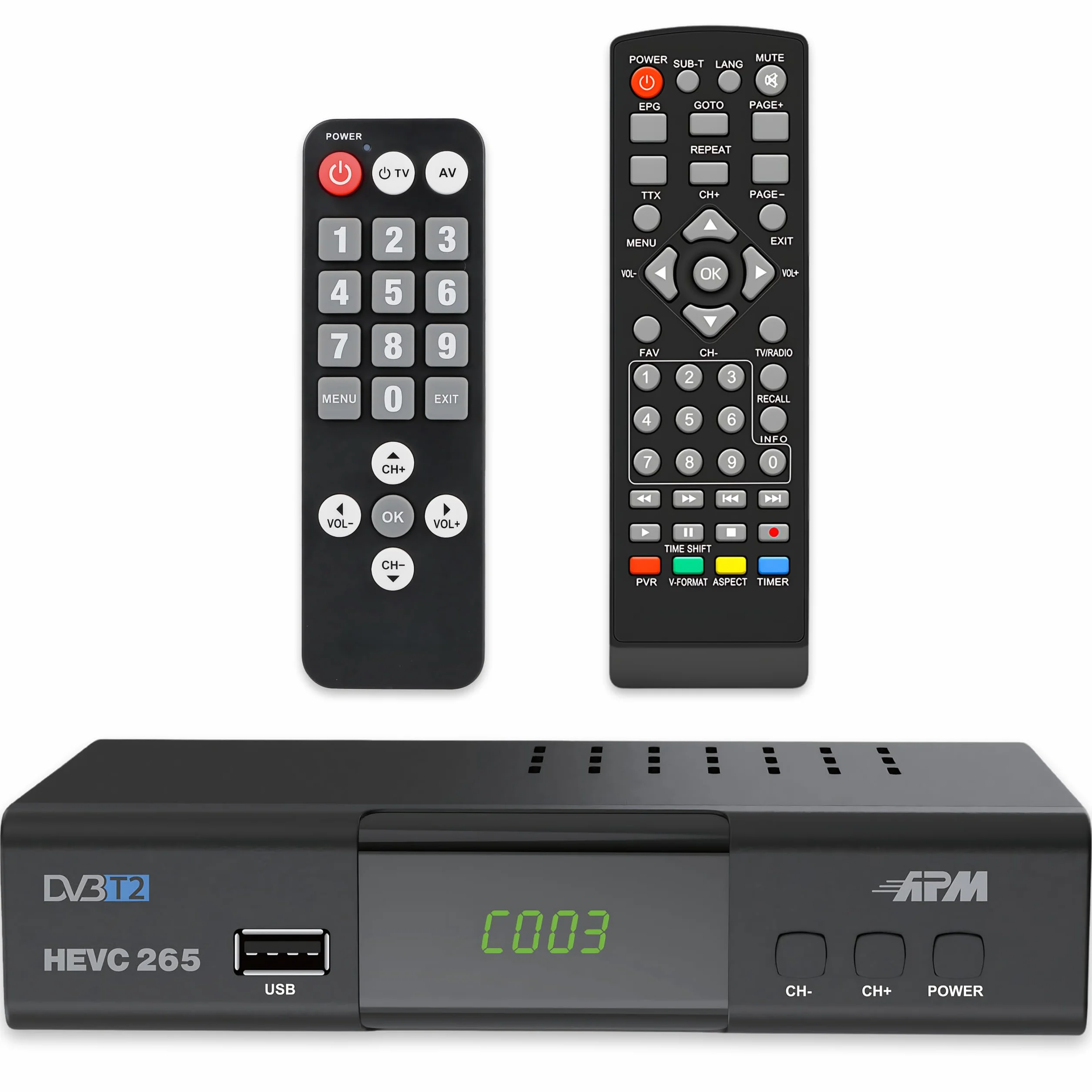 APM Dekoder TNT Full HD 1080p, tuner TNT H.265 HEVC, uproszczony pilot, demodulator DVB-T2 DVB-C Porty HDMI, SCART, USB, Coax. Darmowe kanały naziemne Francja Niemcy Hiszpania, 428002