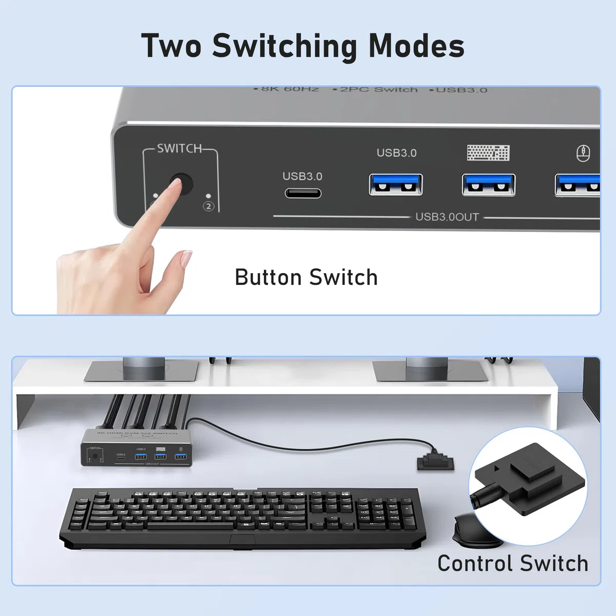 Tendak HDMI KVM Switch 2 PC 2 Monitory, Przełącznik KVM HDMI Dual Monitor 8K z USB, Przełącznik klawiatury i myszy z 4 portami USB 3.0, Obsługa 8K@60Hz 4K@120Hz, HDCP 2.3, Kompatybilny z Windows/Linux