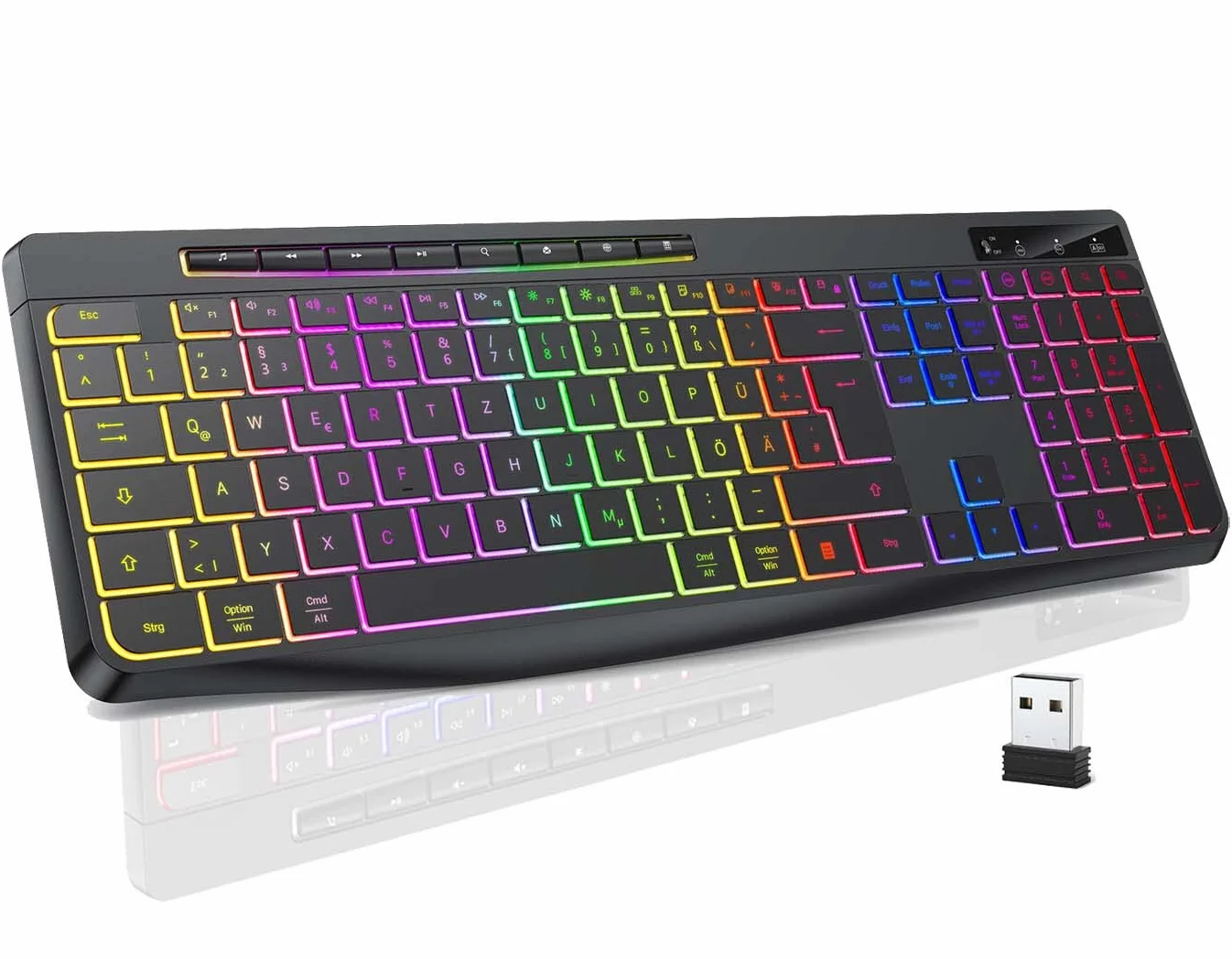 TECURS Klawiatura bezprzewodowa do gier – cicha klawiatura QWERTZ, podświetlana, ergonomiczna, wodoszczelna, 2,4 GHz LED Keyboard do Windows/Mac/PS4/Xbox z przyciskami multimedialnymi, czarna