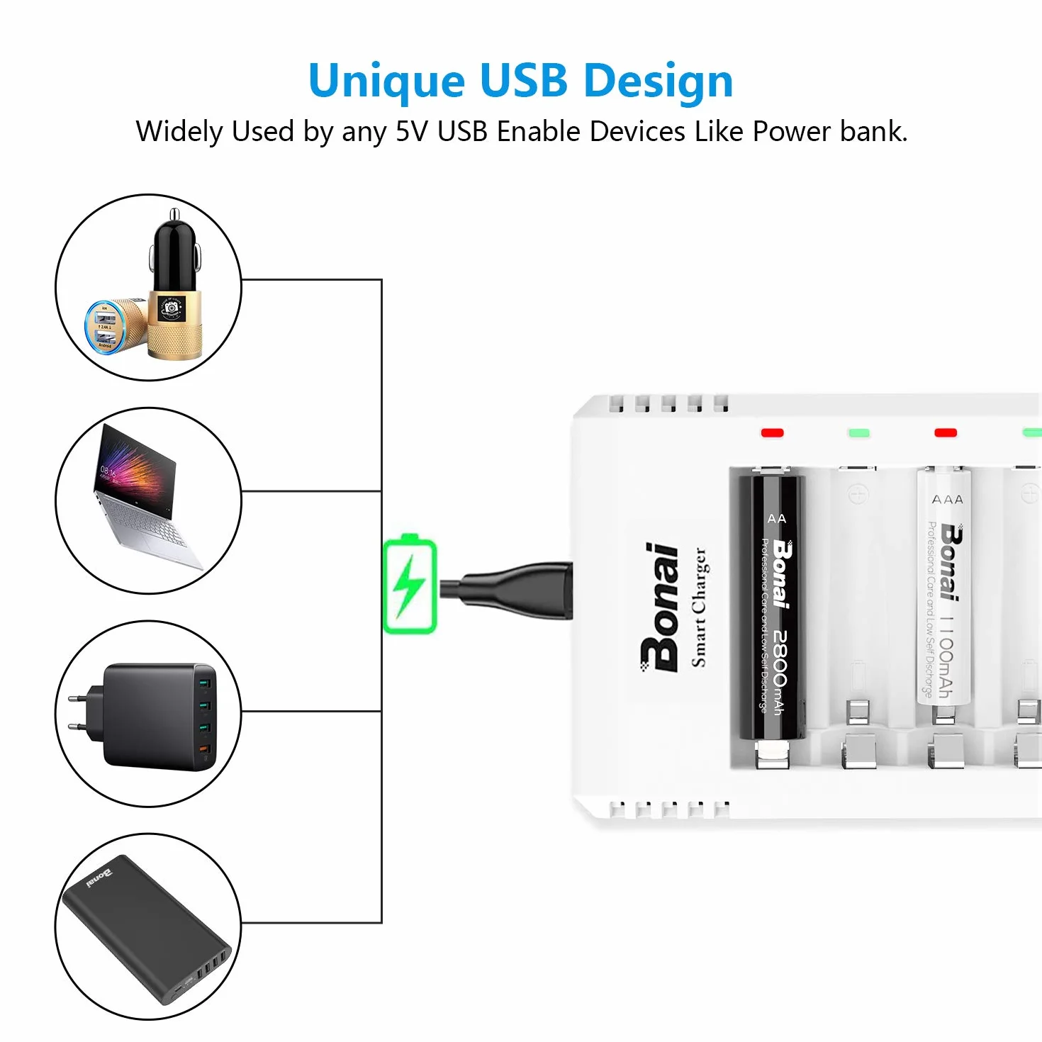 BONAI Ładowarka do akumulatorów 8 gniazd AAA AA Micro USB 2800 mAh 1100 mAh