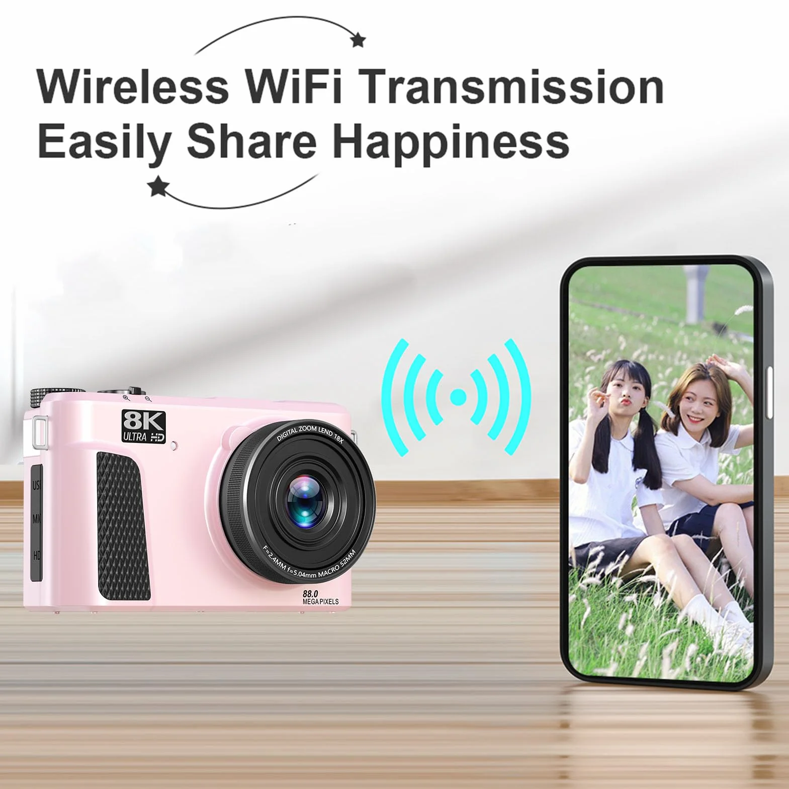 Fockety Kamera Cyfrowa 8K do Fotografii, Wi -Fi 88MP Autofocus Compact Camera z 3 -calowym Ekranem Klapki, 18x Cyfrowy Zoom i Bateria dla Początkujących, Nastolatków, Dorosłych (PINK)
