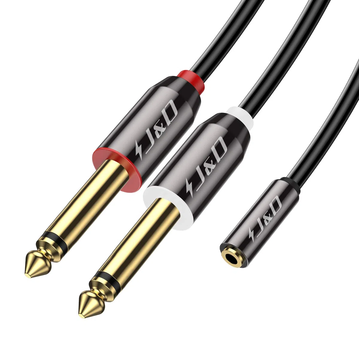 J&D kabel 3,5 mm do 2 x 6,35 mm, pozłacana miedziana powłoka wytrzymała 3,5 mm 1/8 cala żeński TRS do 2 x 6,35 mm 1/4 cala męski TS stereo adapter audio kabel do iPhone, wzmacniacze, 3 metry