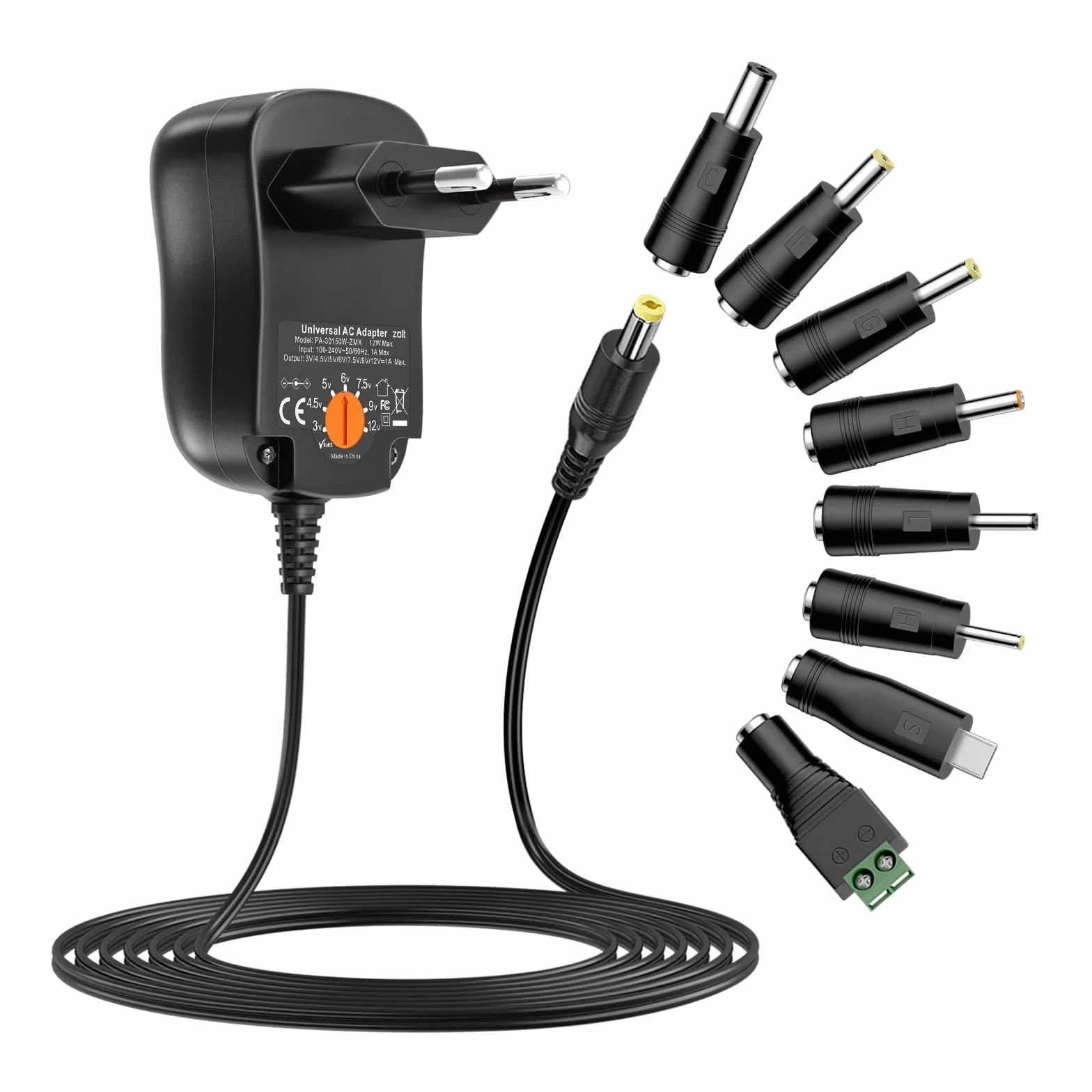 Zolt Zasilacz impulsowy 12 W AC na DC, 3 V, 4,5 V, 5 V, 6 V, 7,5 V, 9 V, 12 V, 1 A, uniwersalny zasilacz z 8 wtyczkami DC do głośnika, aparatu, lampy, tabletu i innych urządzeń elektronicznych