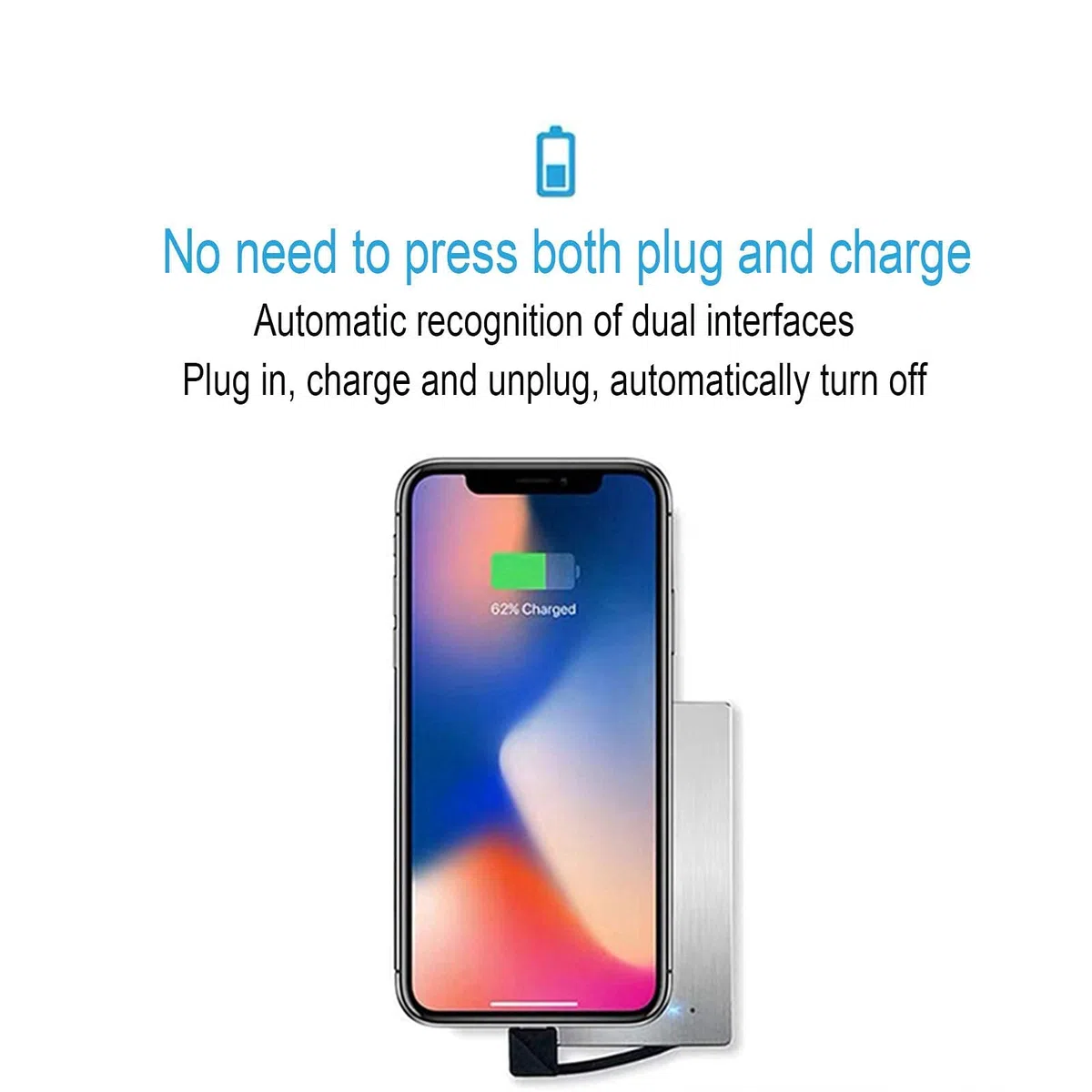 Powerbank Powerbank Ultracienka przenośna ładowarka do telefonu Wbudowany kabel Bateria zapasowa 2 wyjścia z 4 wskaźnikami LED do smartfonów, tabletów i urządzeń elektronicznych USB, srebrny, typ C