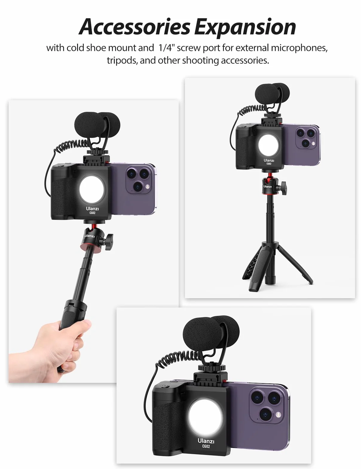 ULANZI CG-02 uchwyt do smartfona z pilotem migawki i światłem wypełniającym, akcesoria fotograficzne do iPhone'a 15, 14 Pro Max
