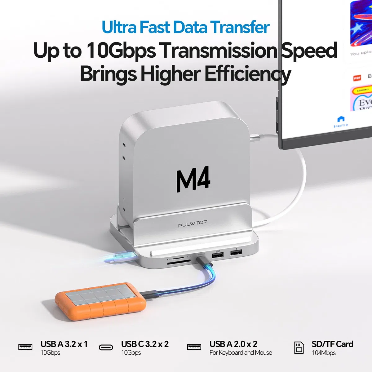 Stacja dokująca Mac mini M4 z obudową 4 TB M.2 SSD i HDMI 4K, aluminiowy pionowy hub USB-C do Mac mini M4 Pro, stojak USB-A/C 10 Gb/s, 2 x USB-A 2.0, 3,5 mm Audio, SD/TF (SSD nie jest