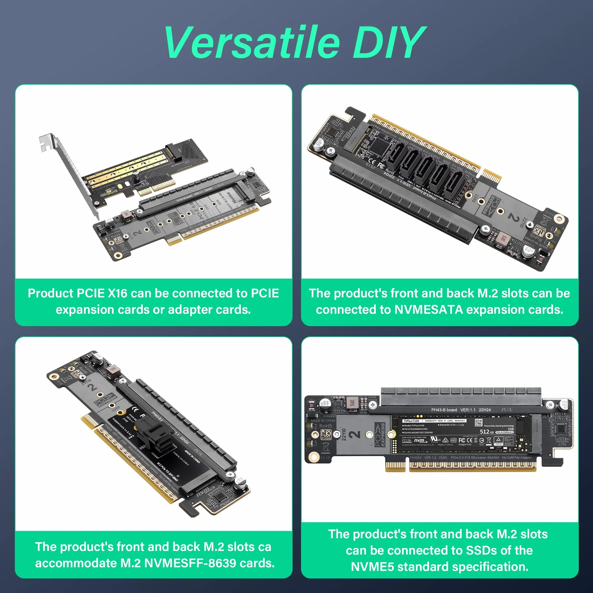SinLoon PCIe 5.0 X16 karta rozszerzająca, karta PCIe Bifurcation Riser, dzieli slot X16 na X8+X4+X4, obsługuje NVMe M.2 SSD i Low-Profile GPU, kompatybilna z dyskami 22110/2280, z diodami LED do C