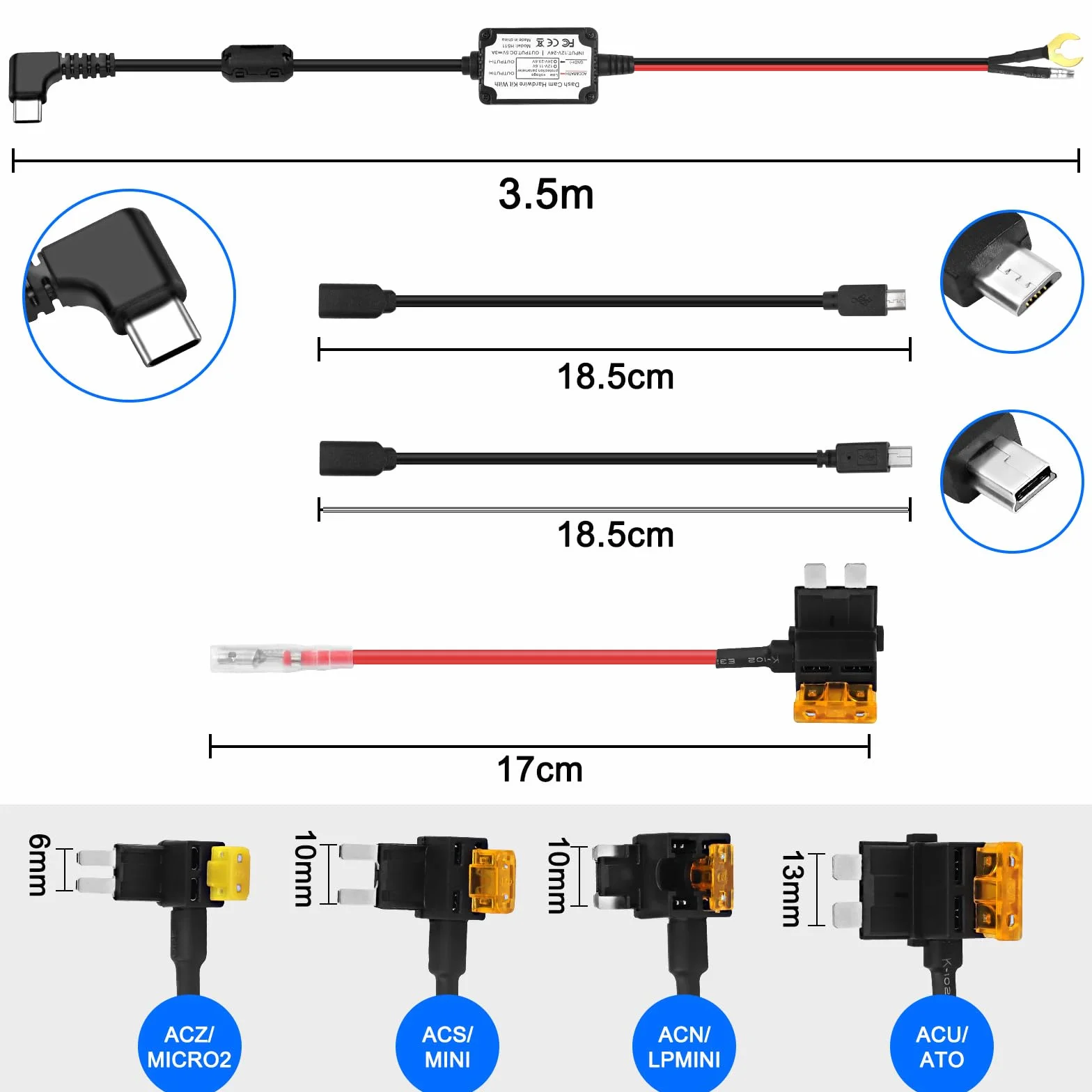 Zestaw do kamery samochodowej Hardwire Adapter USB typu C Micro/Mini USB 12 V-24 V do 5 V z kablama bezpiecznikowymi i narzędziem