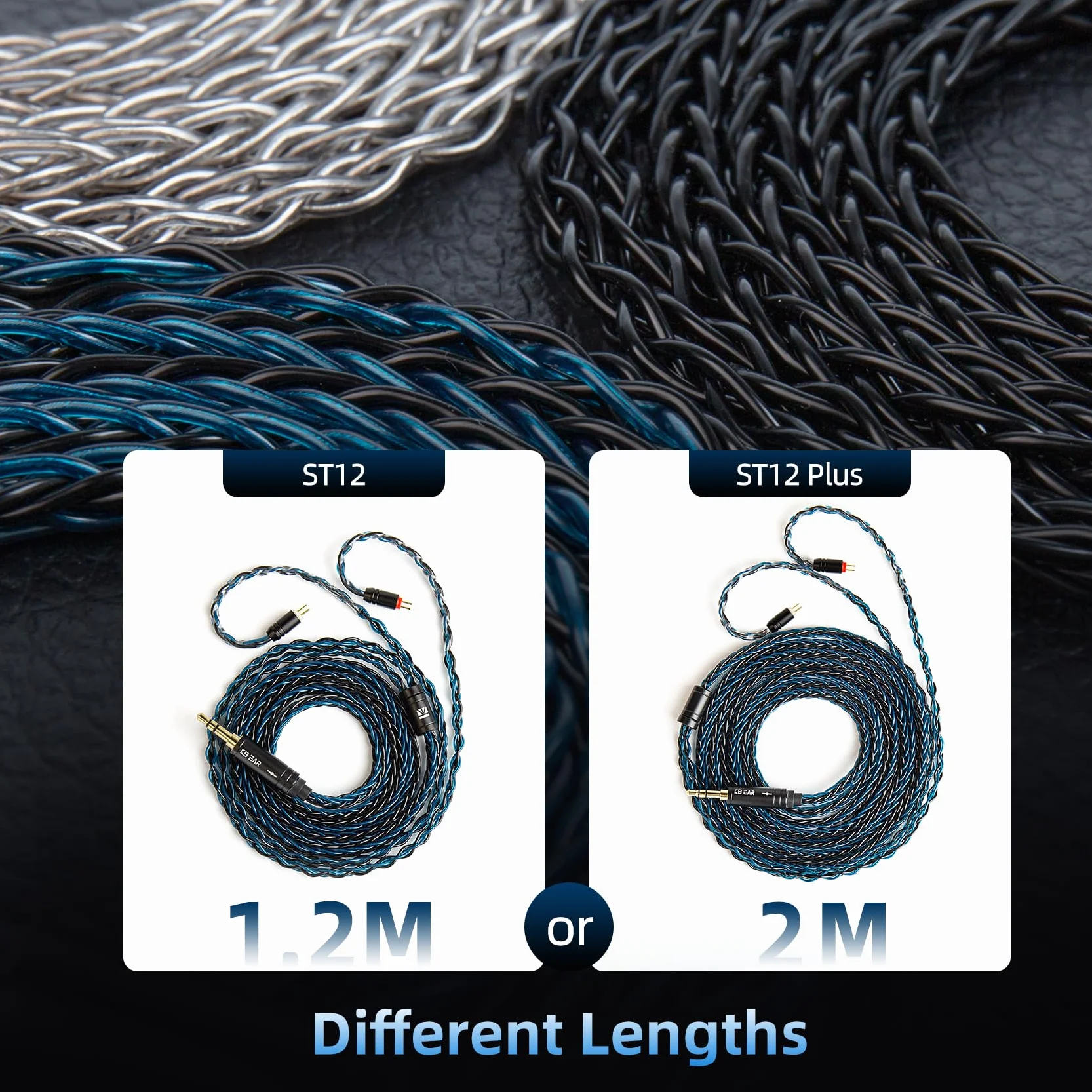 KBEAR ST12 Plus 2-pinowy 2-pinowy zamienny kabel do słuchawek do monitorowania uszu, posrebrzany kabel słuchawkowy HiFi do KZ ZST/AS10/ZS10/CCA C10/C12 (niebieski-czarny, 2-pinowe 4,4 mm)