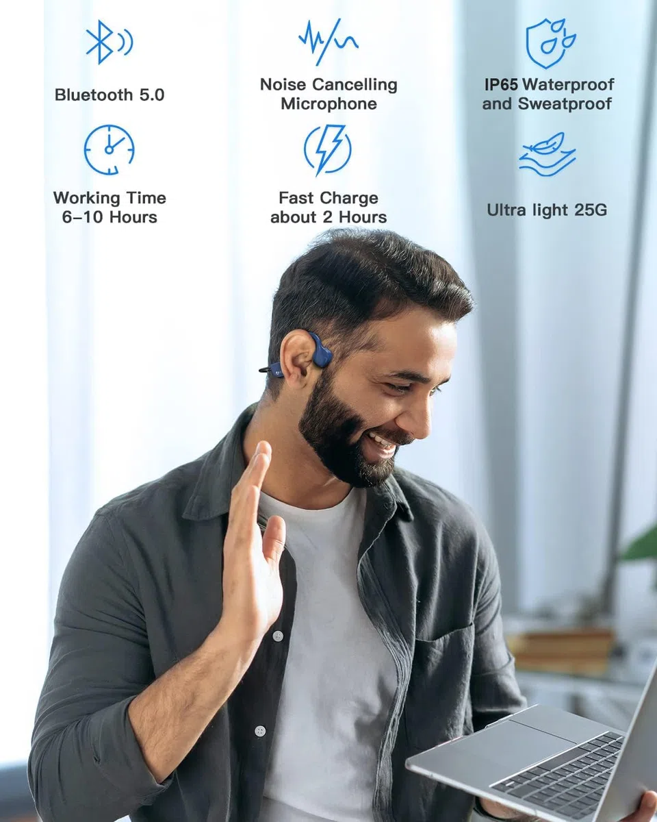 Słuchawki Bluetooth z przewodnictwem kostnym, granatowe, otwarte słuchawki do ćwiczeń, niebieskie, bezprzewodowe słuchawki do biegania