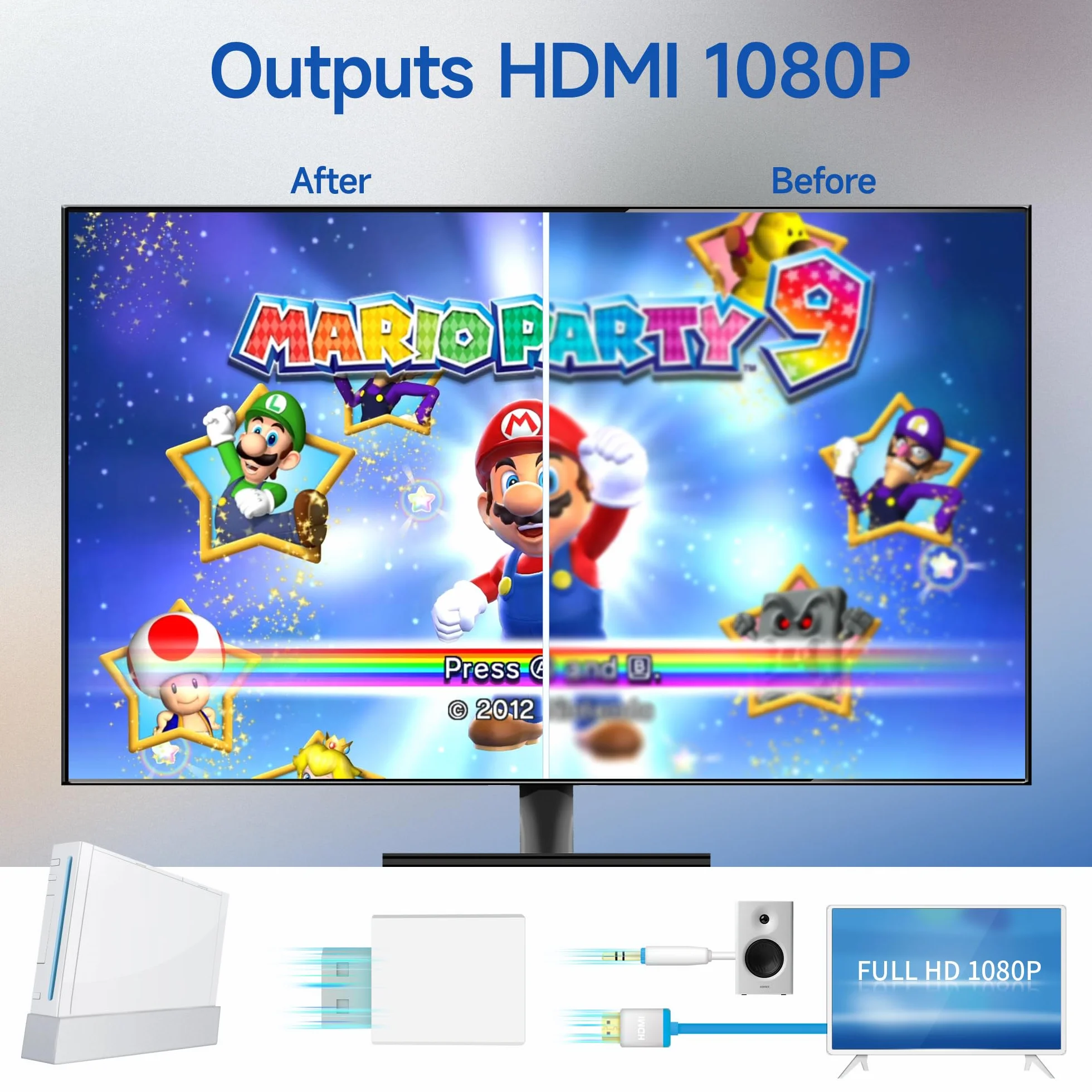 MAYFLASH Konwerter na HDMI 1080P do Full HD, adapter z gniazdem audio 3,5 mm, kompatybilny z Wii i Wii U, HDTV