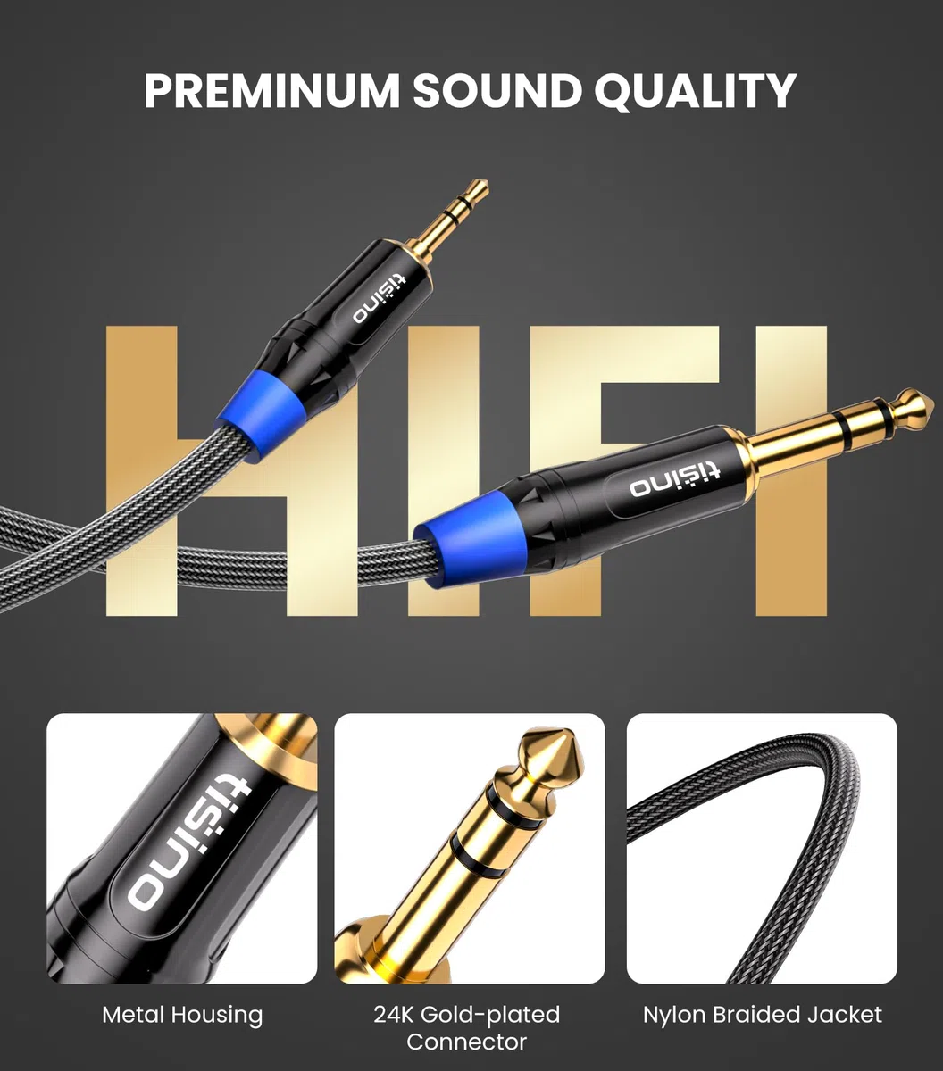 Tisino Kabel audio stereo z mini jack na gniazdo, nylonowy oplot, 3,5 mm do 6,35 mm, TRS, kabel krosowy do gitary, laptopa, głośnika, wzmacniaczy, 1 m