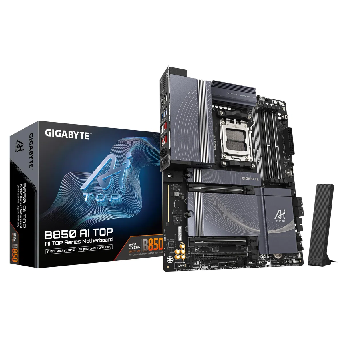 GIGABYTE Płyta główna B850 AI TOP - procesory AMD Ryzen serii 9000, 16+2+2 fazy cyfrowy VRM, do 8600 MHz DDR5 (OC), 2xPCIe 5.0 + 1 x PCIe 4.0 M.2, 10 LAN, WIFI 7, USB 3.2 Gen 2x2