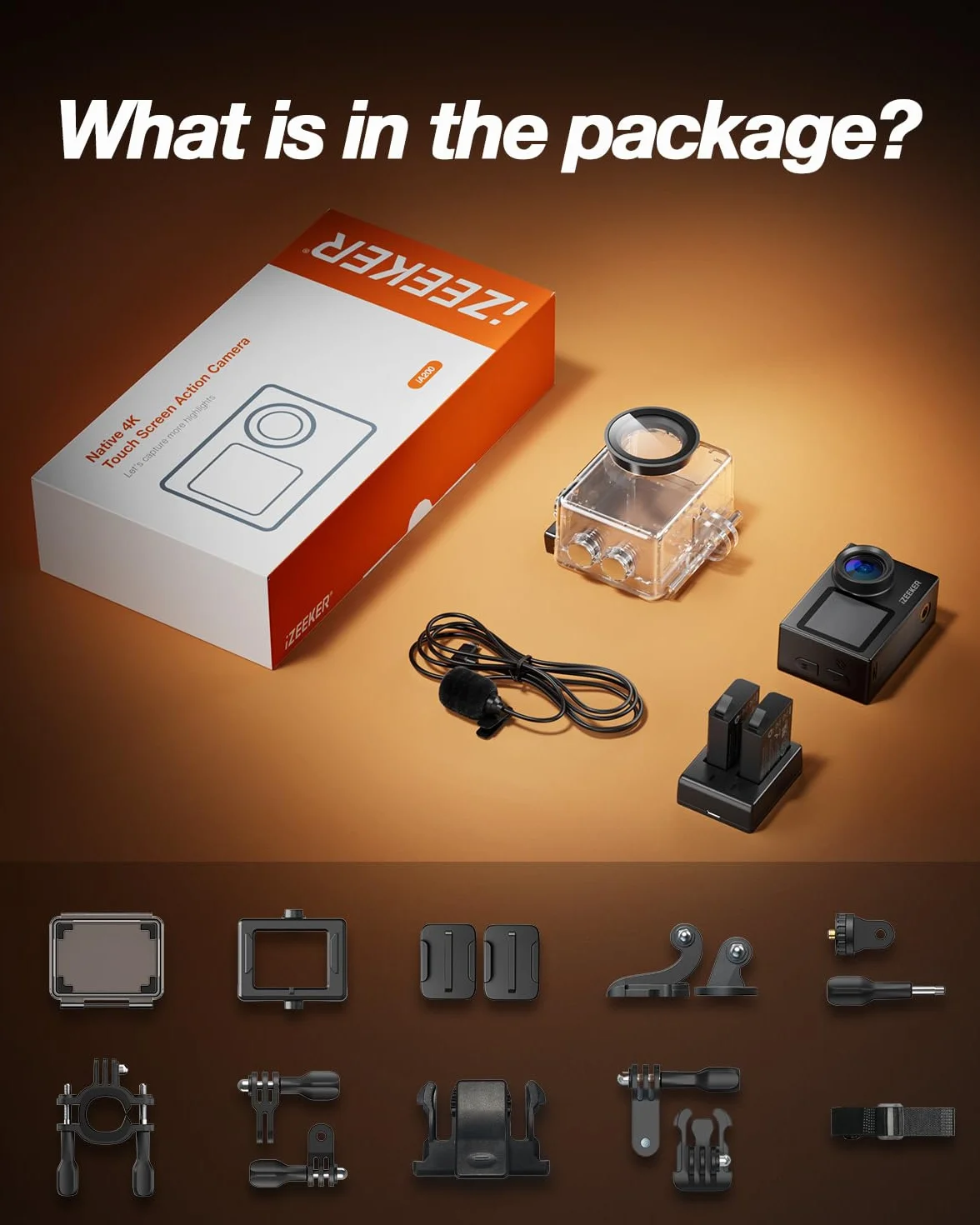 iZEEKER Action Cam 4K, 24MP HD Fotocamera Subacquea Impermeabile 40M Telecamera per Casco con Doppio Schermo, Microfono Esterno, Telecomando 2.4G, Batteria 2x1350mhA