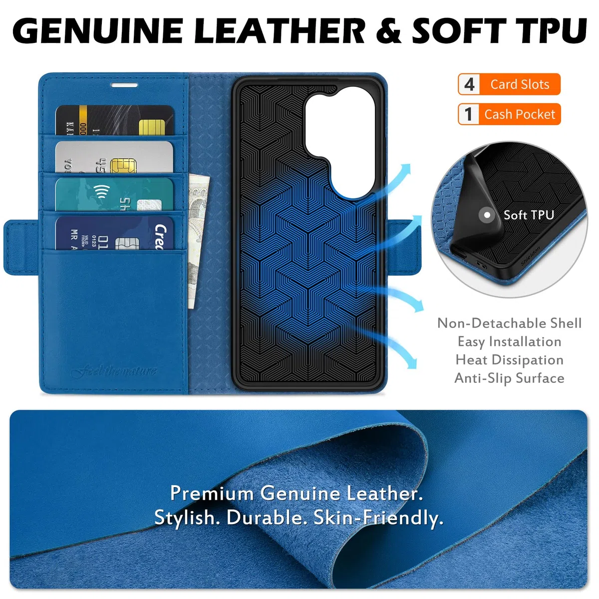 SHIELDON Etui Portfel do Galaxy S26 Ultra 6,9" 2026, Szafirowy Błękit | Prawdziwej Skóry, Etui na Karty, Blokada RFID, Podpórka, Zapięcie Magnetyczne, Etui z Klapką Odporną na Wstrząsy