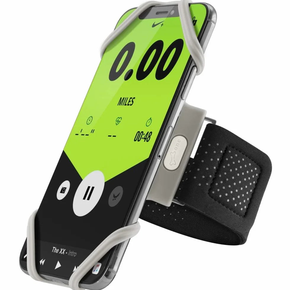 BONE Bransoletka do biegania, sportowa, uchwyt na iPhone'a do biegania, uniwersalna bransoletka do biegania do Apple iPhone 16 15 14 13 12 Pro Max XS XR X Samsung Galaxy, szara, rozmiar S, 20-25 cm