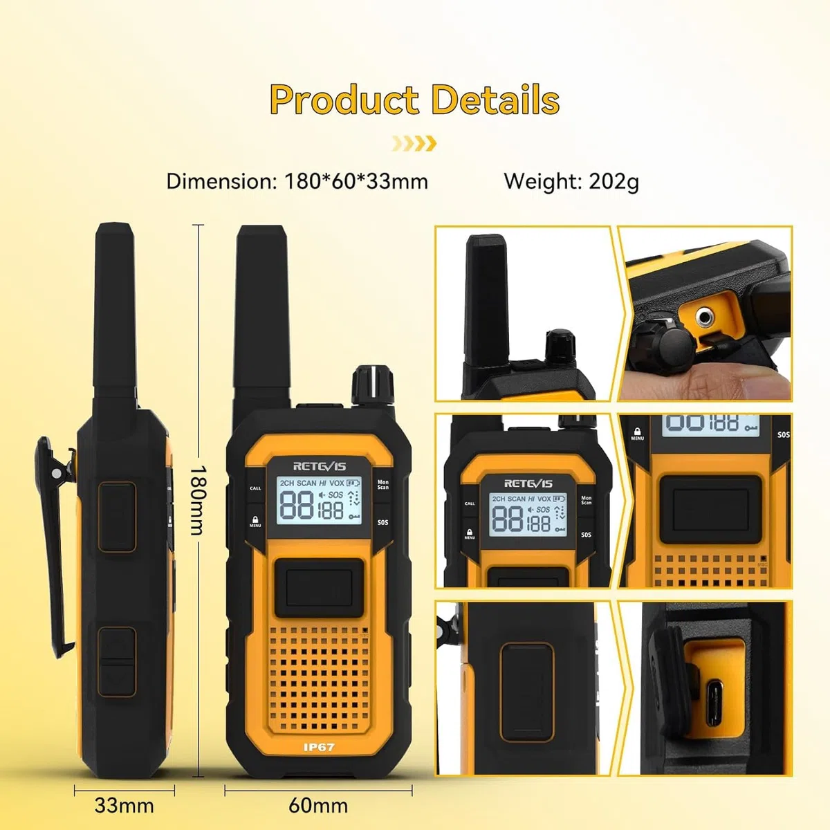 Retevis RB648 Krótkofalówka IP67, Radio Dwukierunkowe Dalekiego Zasięgu, MIL-STD-810H, Wodoodporne, Pyłoszczelne i Odporne na Upadki, Akumulator 2000 mAh, Alarm SOS, Heavy Duty, Do Przemysłu (4 Szt.)