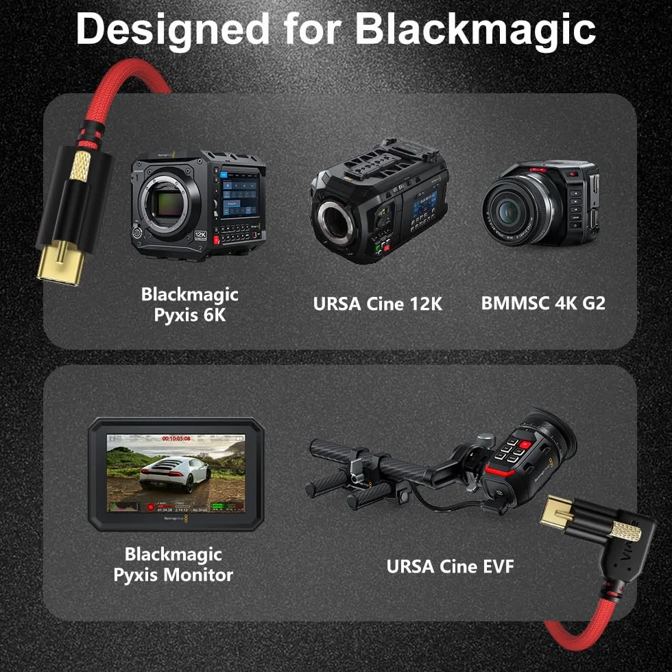 Alvin's Cables Ultra-elastyczny kabel blokujący USB-C Kabel do przesyłania danych do monitorów Pyxis Blackmagic, USB-C 3.2, 10 Gb/s, kabel do szybkiego ładowania do Micro Studio Blackmagic 4K G2, 12