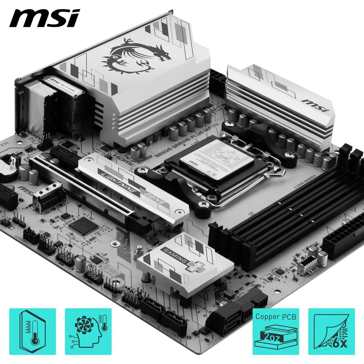 MSI Płyta główna B850M GAMING PLUS WIFI6E, mATX - Obsługuje procesory AMD Ryzen 9000/8000/7000, AM5 - DDR5 Memory Boost 8200+ MT/s (OC), PCIe 4.0 x16, M.2 Gen 5, Wi-Fi 6E, 2.5G LAN