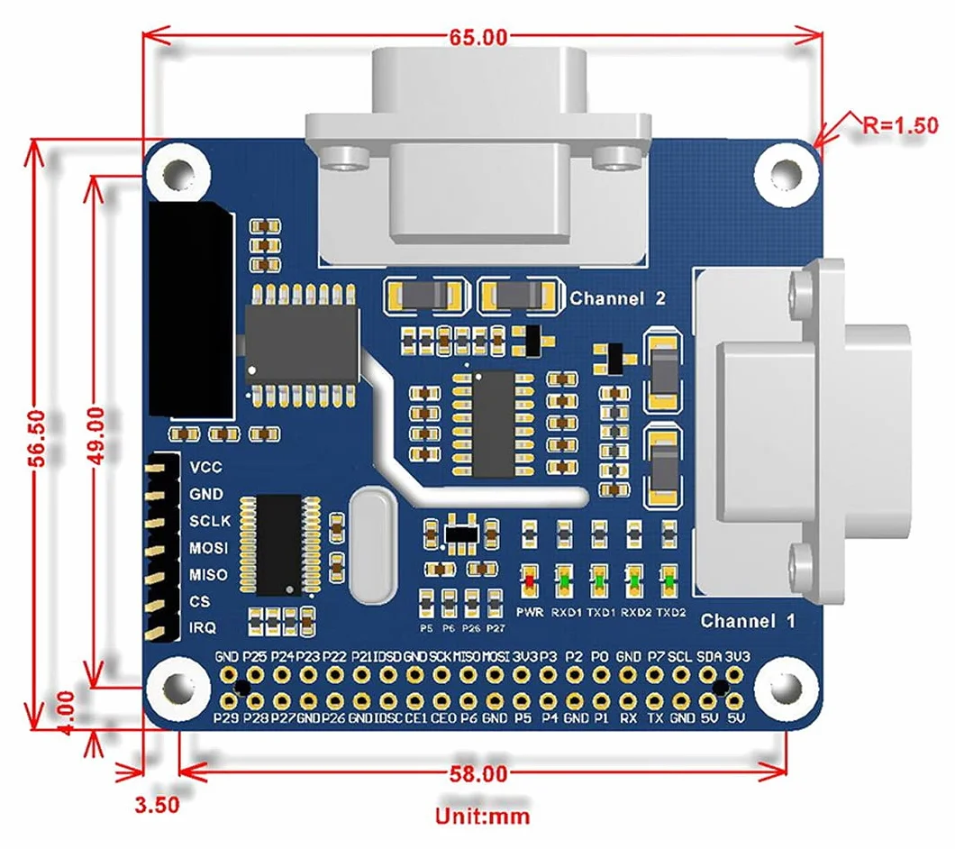 Waveshare 2-Channel Isolated RS232 Expansion HAT for Raspberry Pi SC16IS752 SP3232