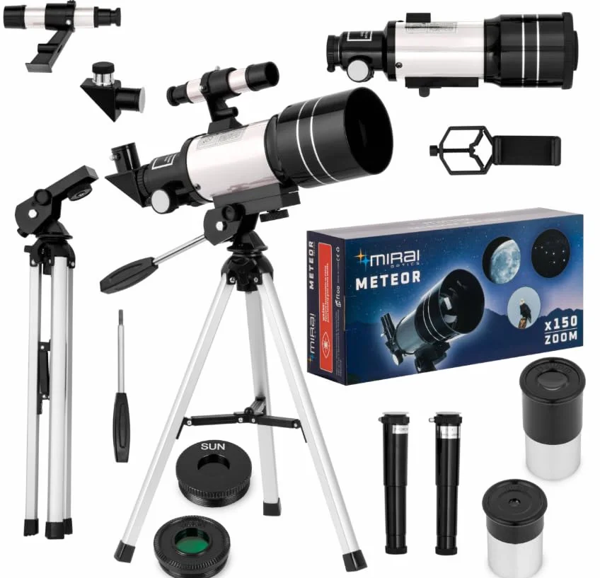 TELESKOP EDUKACYJNY MIRAI OPTICS METEOR F30070M z adapterem do smartfona | Zestaw z filtrami słonecznym i księżycowym | Powiększenie do x150 (Meteor)
