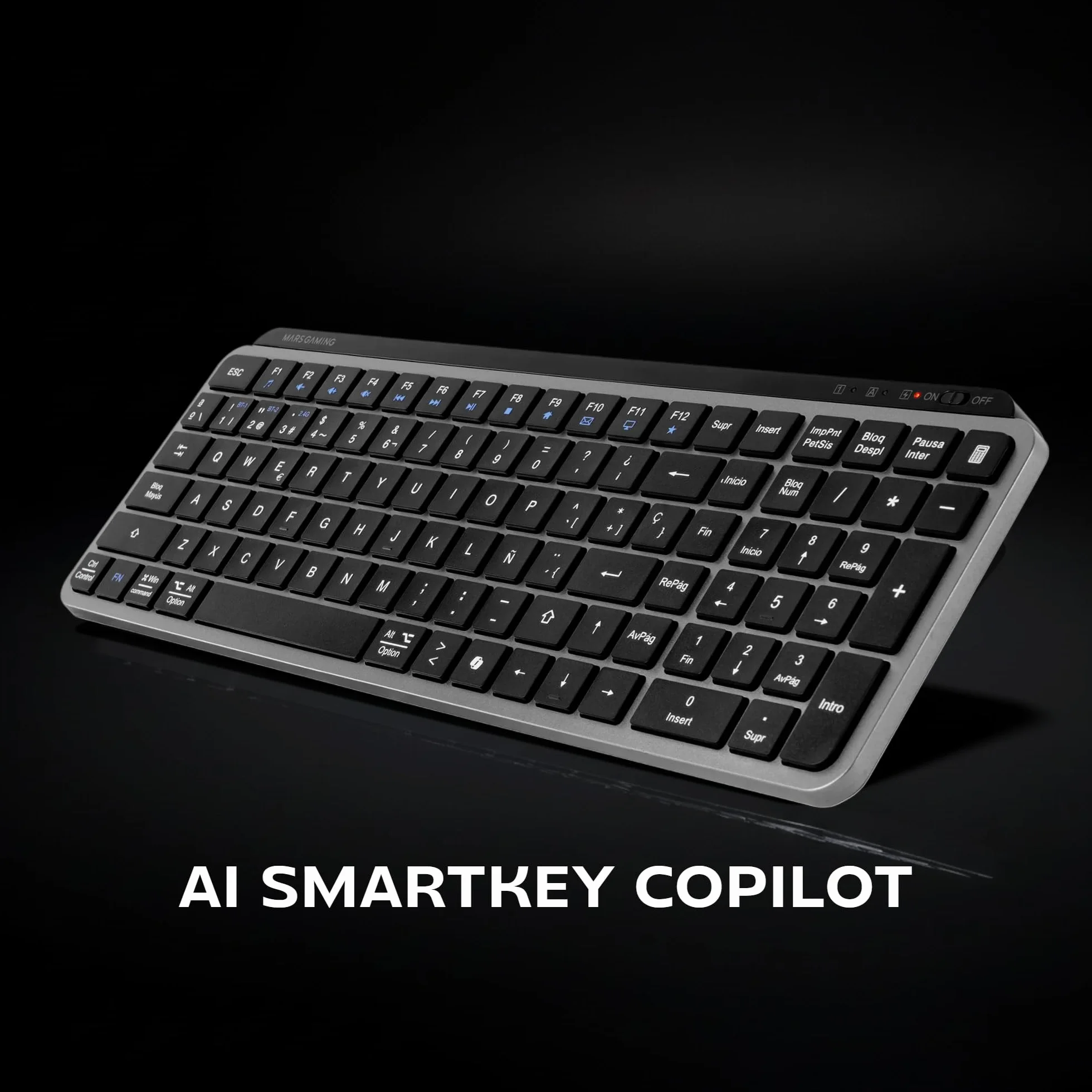 Mars Gaming MK-SILENKEYS, Bezprzewodowa Kompaktowa Klawiatura Pełnowymiarowa, Niski Profil, Ciche Przełączniki Nożycowe, Copilot AI, Bluetooth 5.1 Dual + 2.4GPRO, 200h, PC/Mac, Portugalski, Czarny
