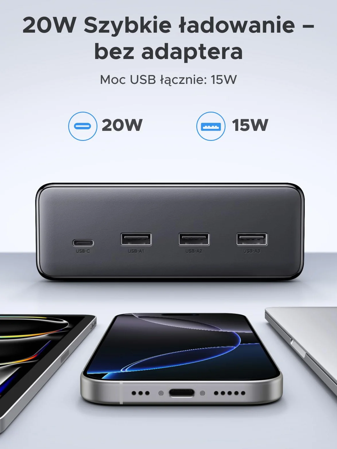 Listwa zasilająca UGREEN z gniazdem USB, gniazdko 10 w 1 z przełącznikiem, szybkie ładowanie 20 W, listwa zasilająca 3680 W z zabezpieczeniem przeciwprzepięciowym, 1,5 m, do biurek i biur