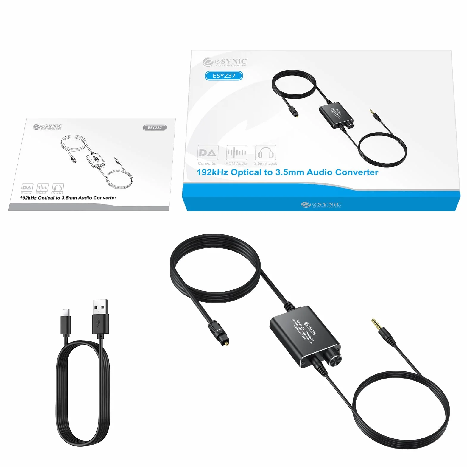 eSynic Konwerter DAC 192 kHz SPDIF na 3,5 mm AUX cyfrowy na analogowy konwerter audio optyczny Toslink do 3,5 mm adapter audio