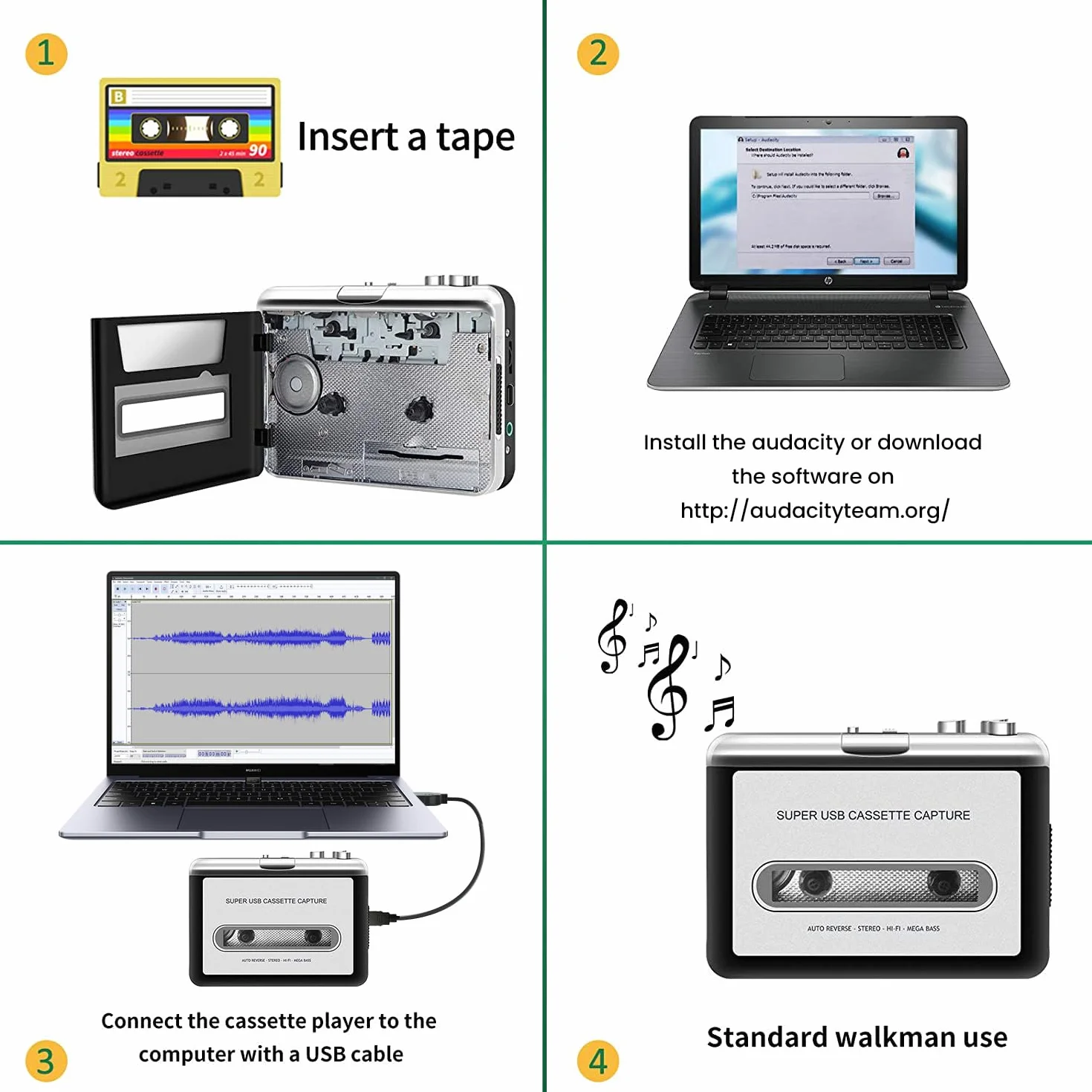 Reshow Odtwarzacz kasetowy – przenośny odtwarzacz taśmowy przechwytuje muzykę MP3 audio przez USB, kompatybilny z laptopami i komputerami osobistymi, konwertuj kasety taśmowe Walkman na format iPoda (srebrny)